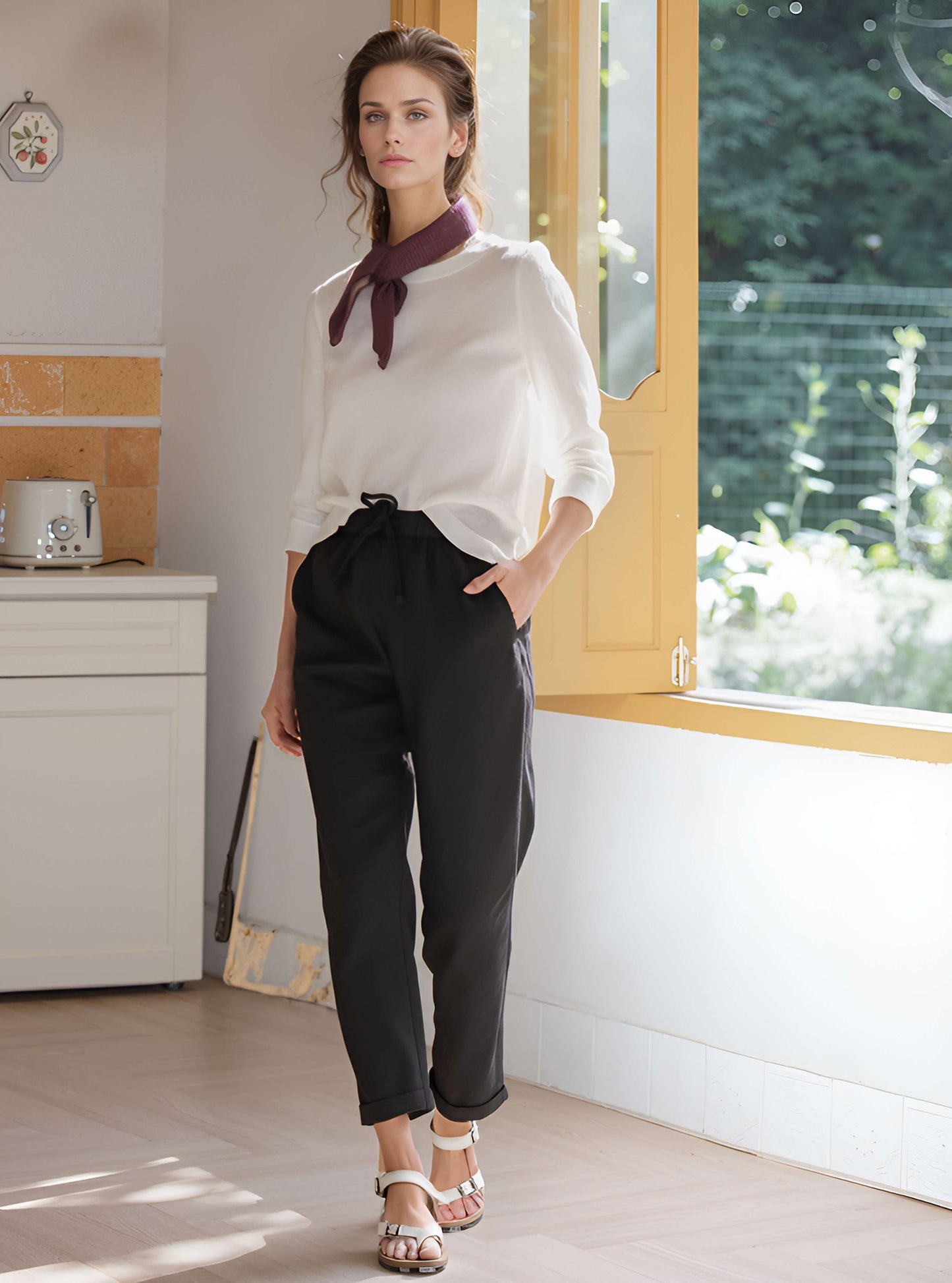 Elastic Waist Linen Long Pants BORDEAUX Relaxed