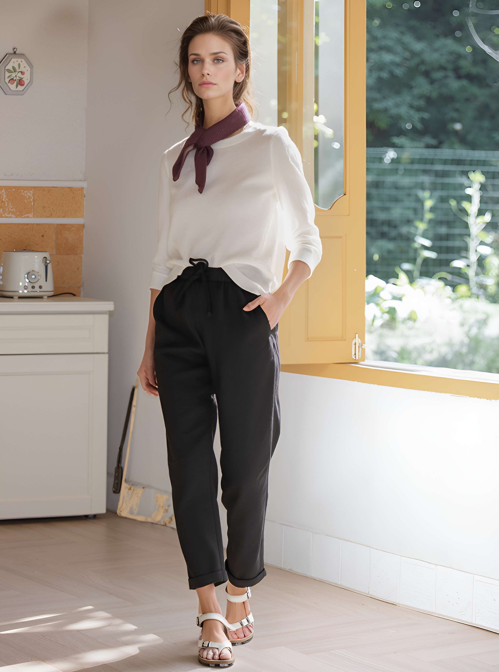 Elastic Waist Linen Long Pants BORDEAUX Relaxed