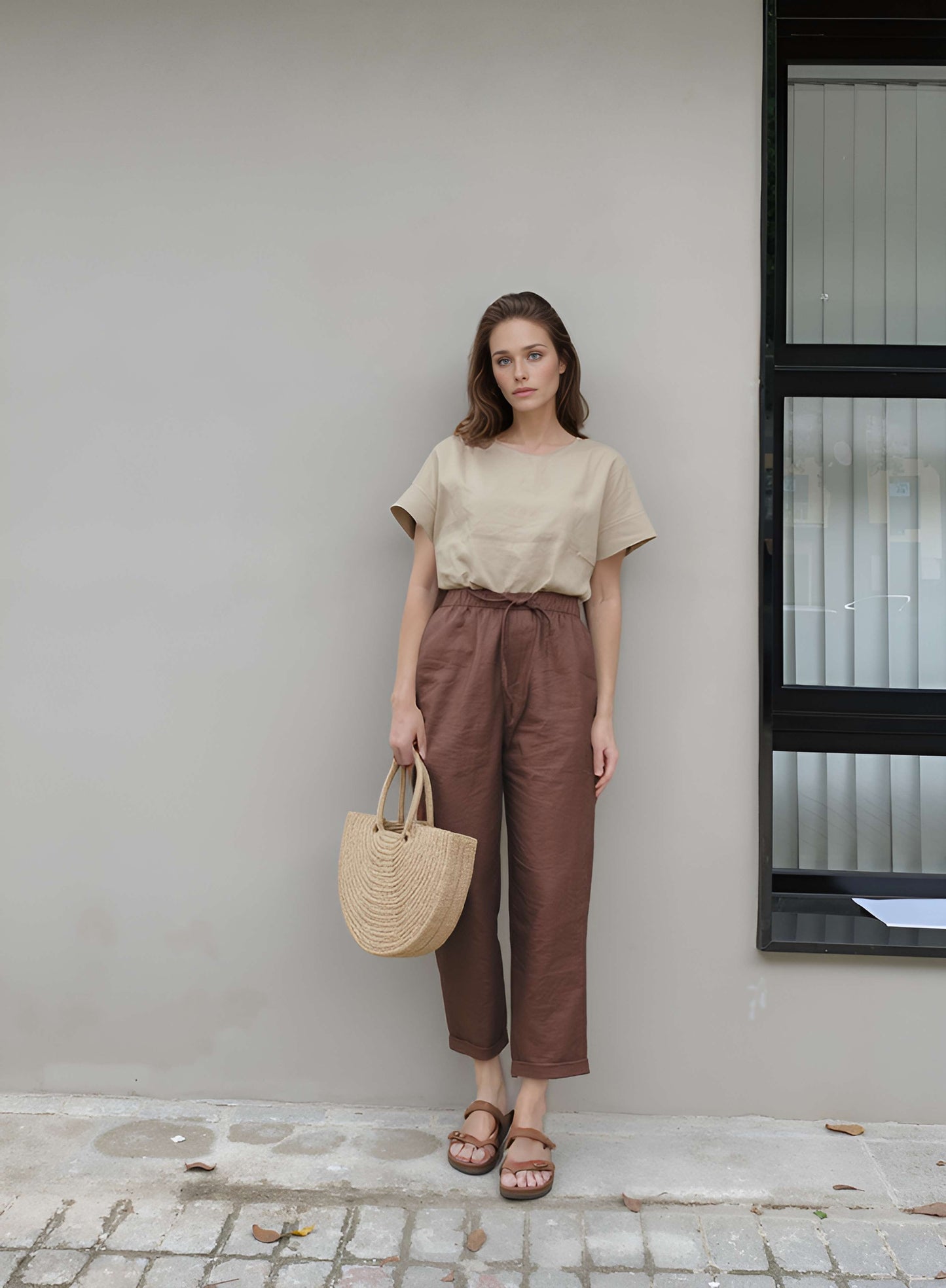 Elastic Waist Linen Long Pants BORDEAUX Relaxed