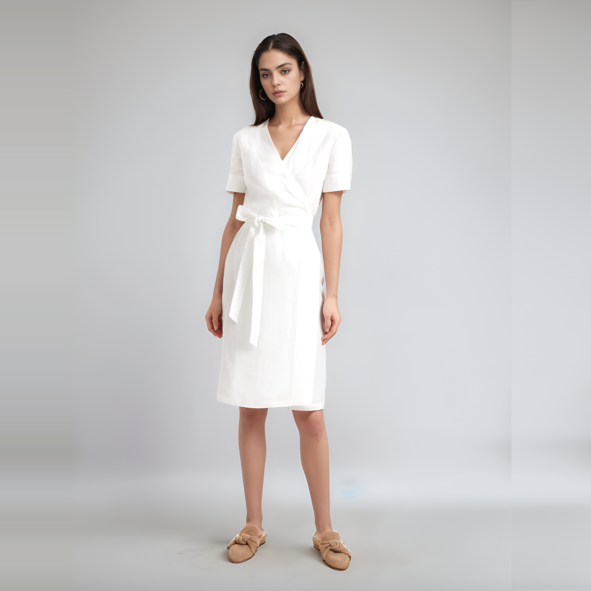 Elegant Adjustable Waist Linen Wrap Dress DENALI