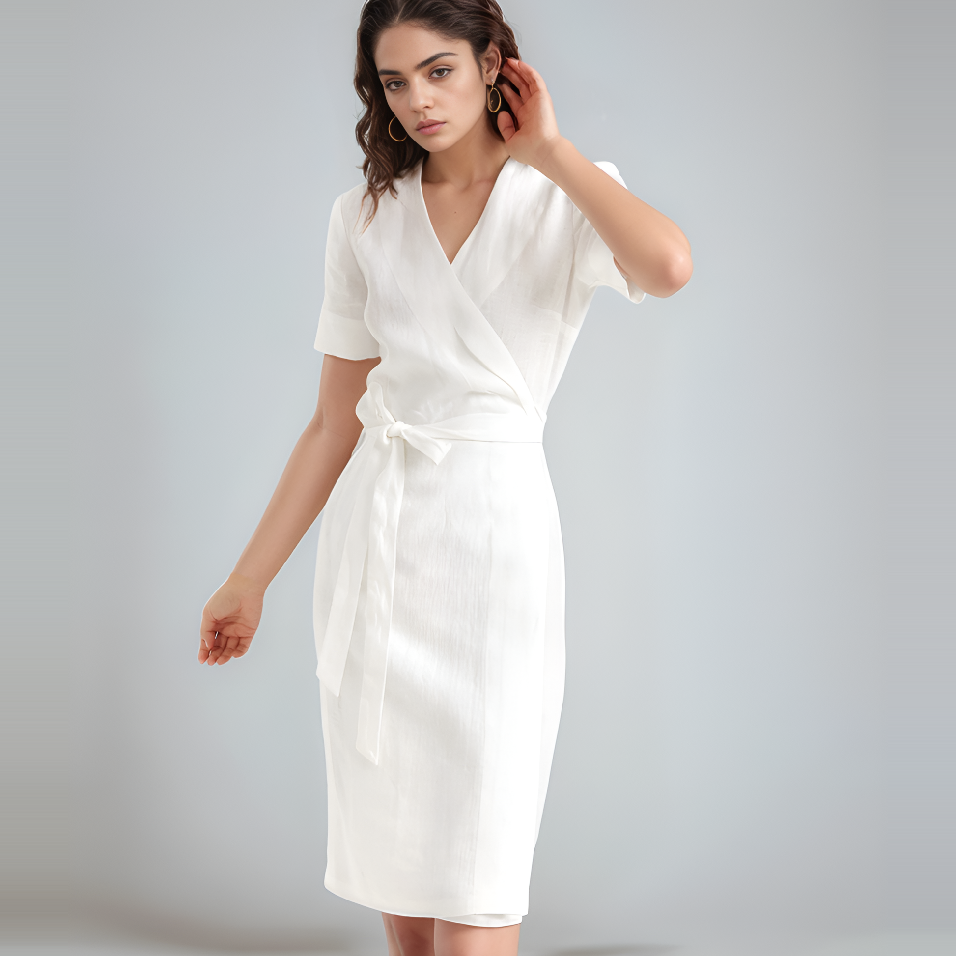 Elegant Adjustable Waist Linen Wrap Dress DENALI