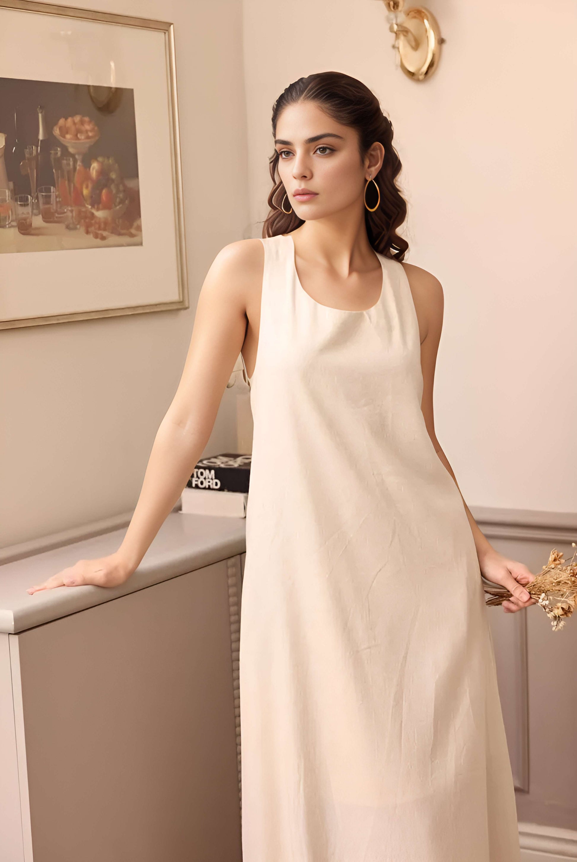 Elegant Cross Back Linen Party Dress REIMS for Summer