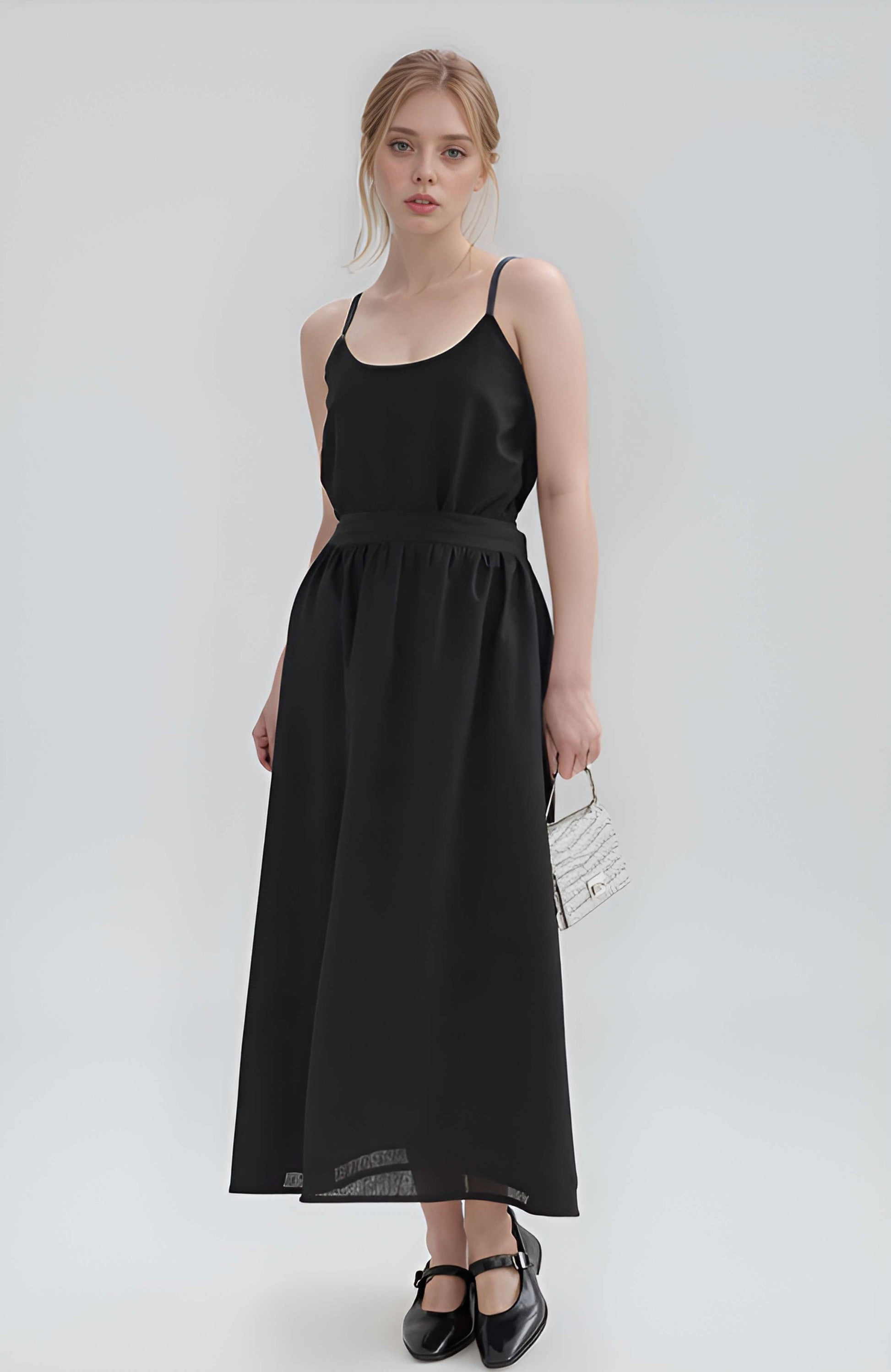 Gathered Linen Midi Skirt MULHOUSE in Black Waist