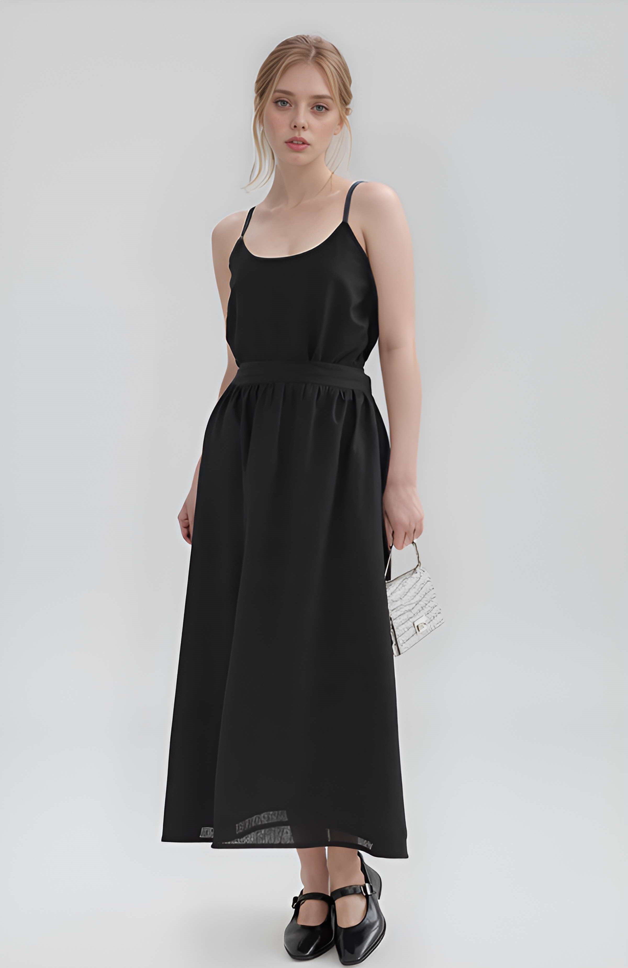 Gathered Linen Midi Skirt MULHOUSE in Black Waist