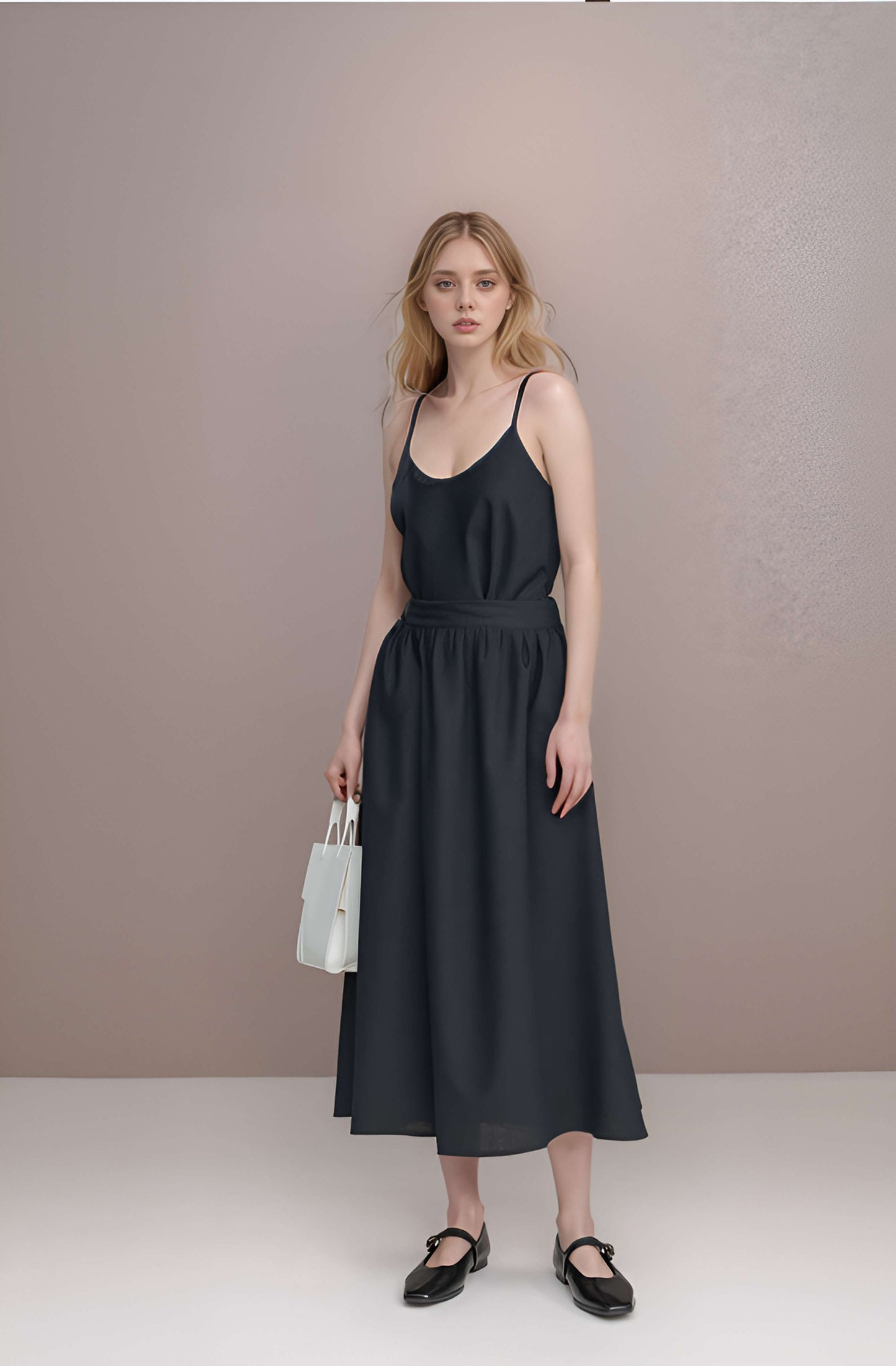 Gathered Linen Midi Skirt MULHOUSE in Black Waist