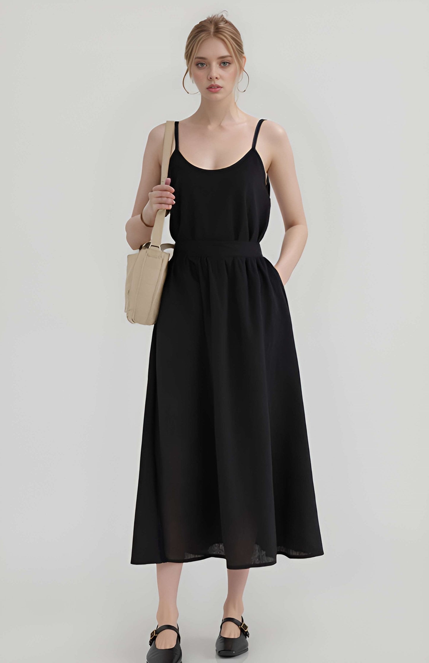 Gathered Linen Midi Skirt MULHOUSE in Black Waist