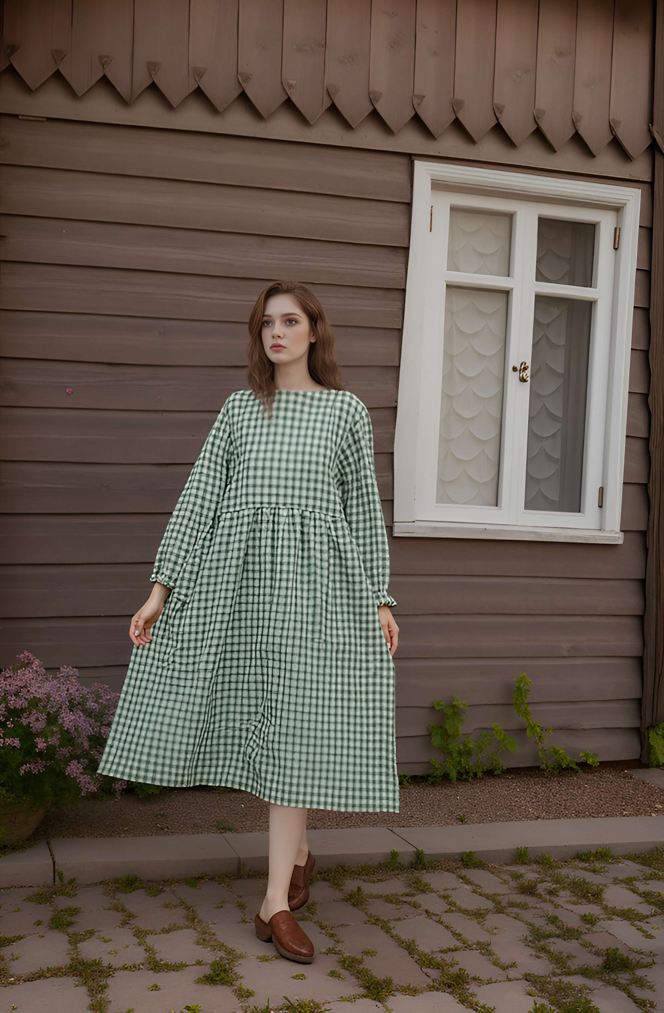 Linen Midi Dress LYON in Green Cottagecore