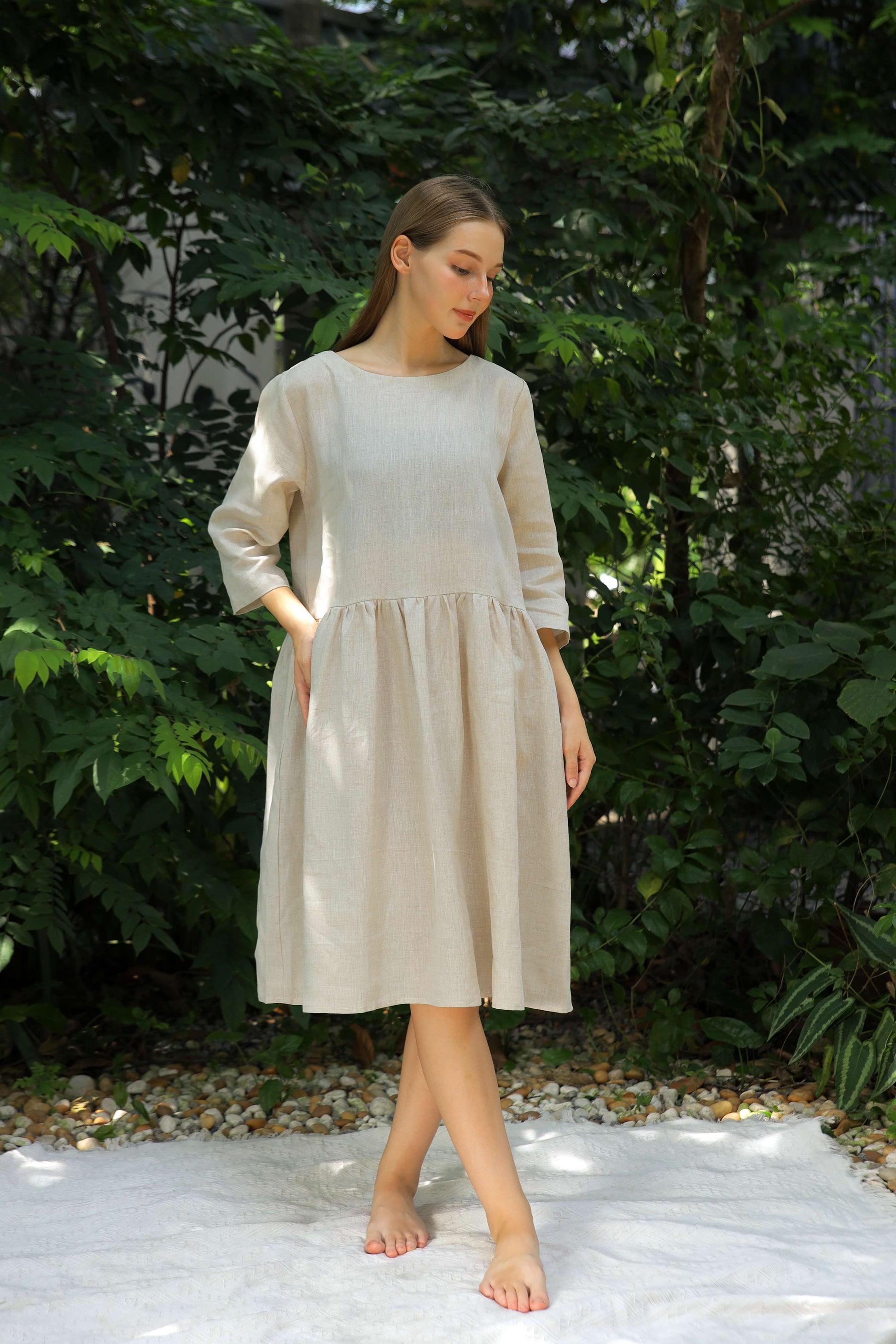 Handmade Pocket Linen Midi Dress AMIENS Casual