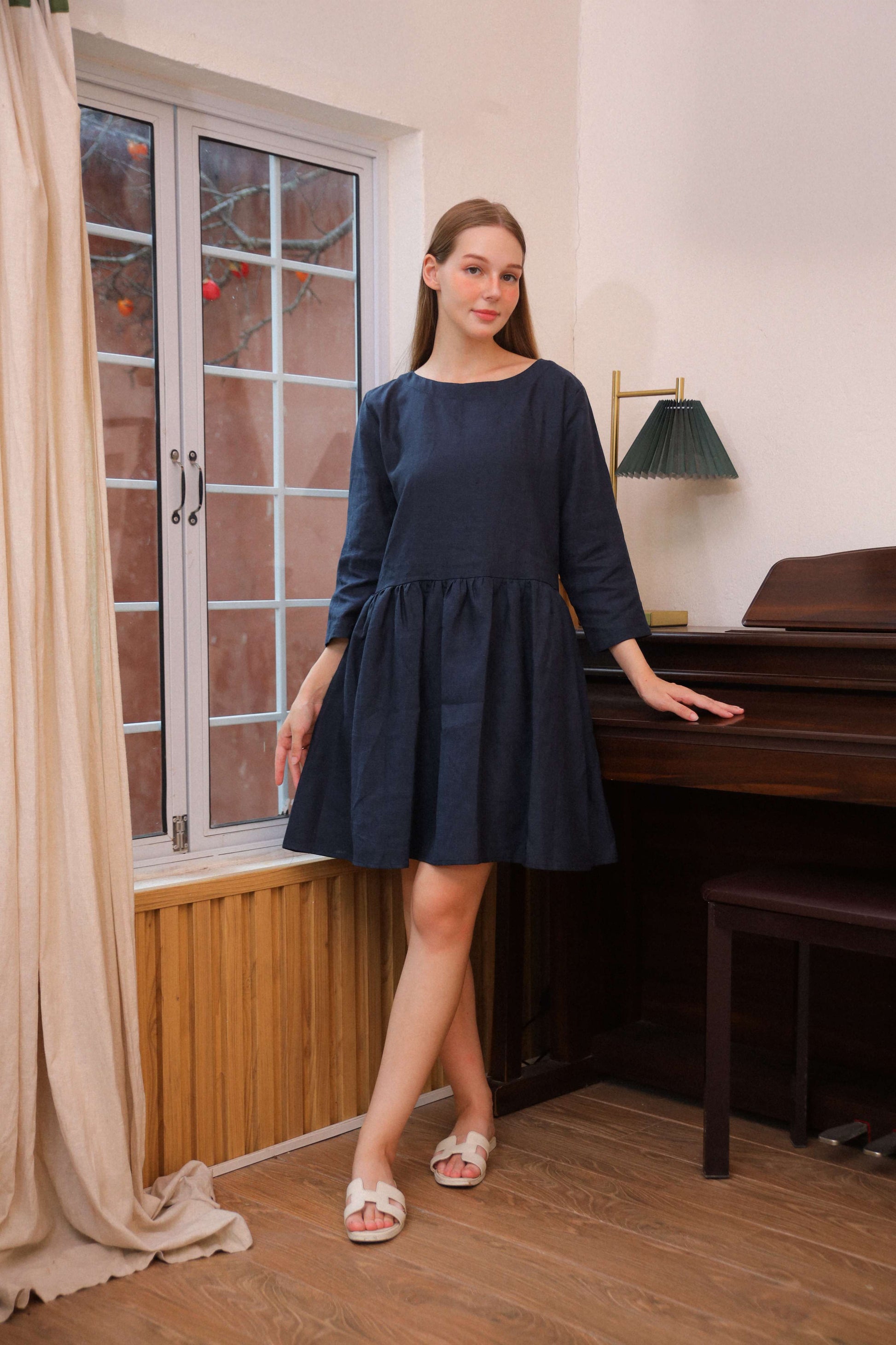 Handmade Pocket Linen Midi Dress AMIENS Casual
