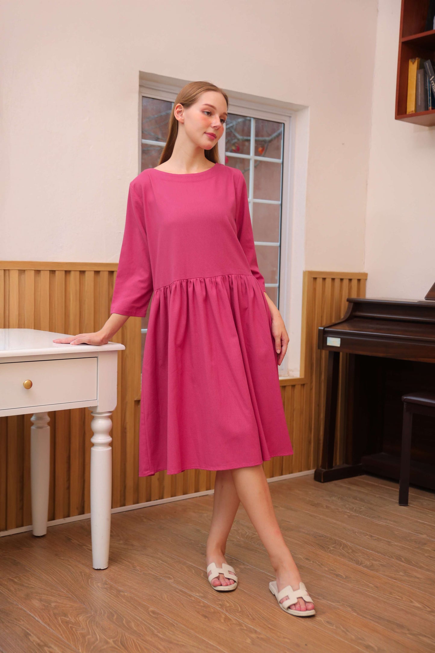 Handmade Pocket Linen Midi Dress AMIENS Casual