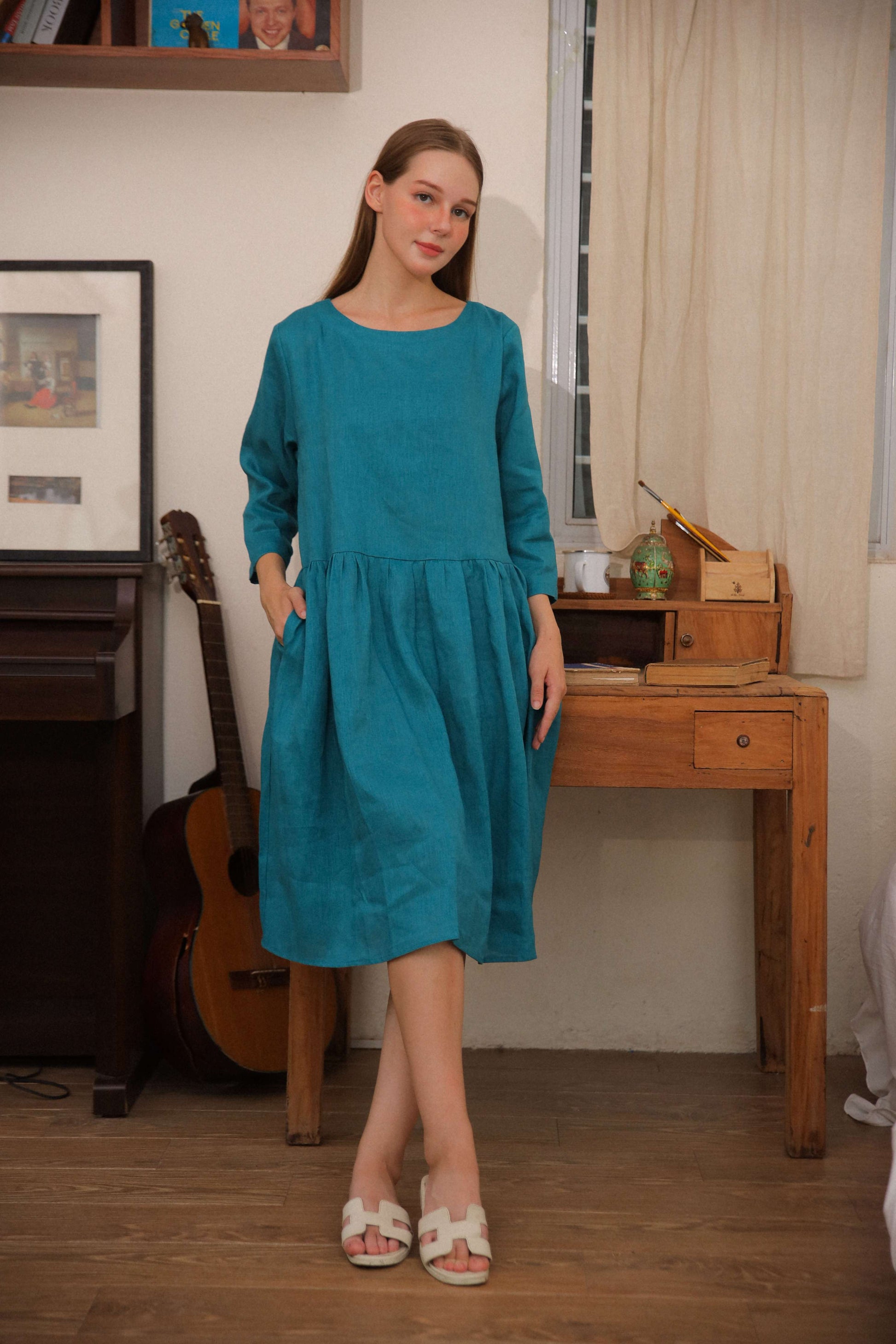 Handmade Pocket Linen Midi Dress AMIENS Casual
