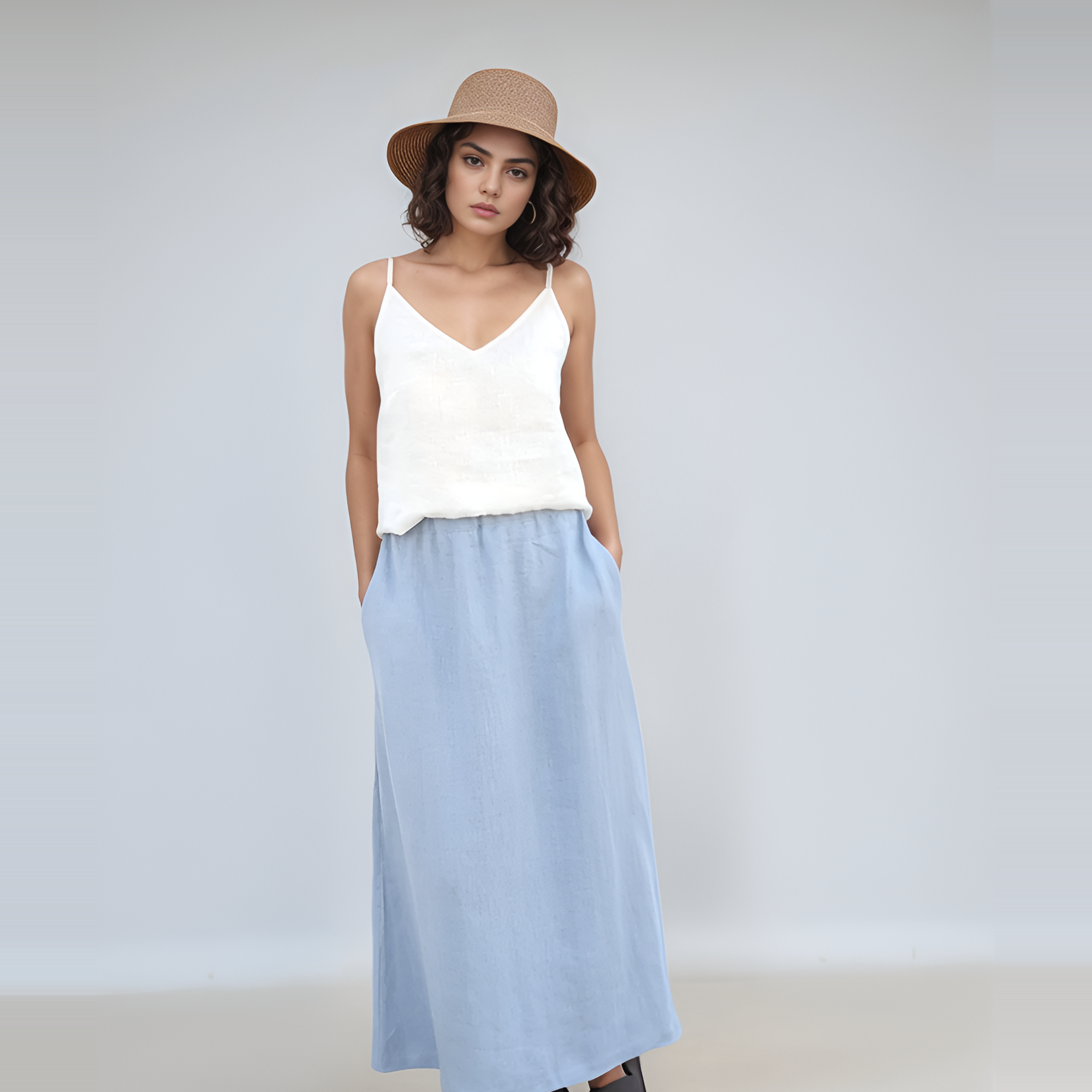 High Waist Maxi Linen Skirt TROYES in Light Blue