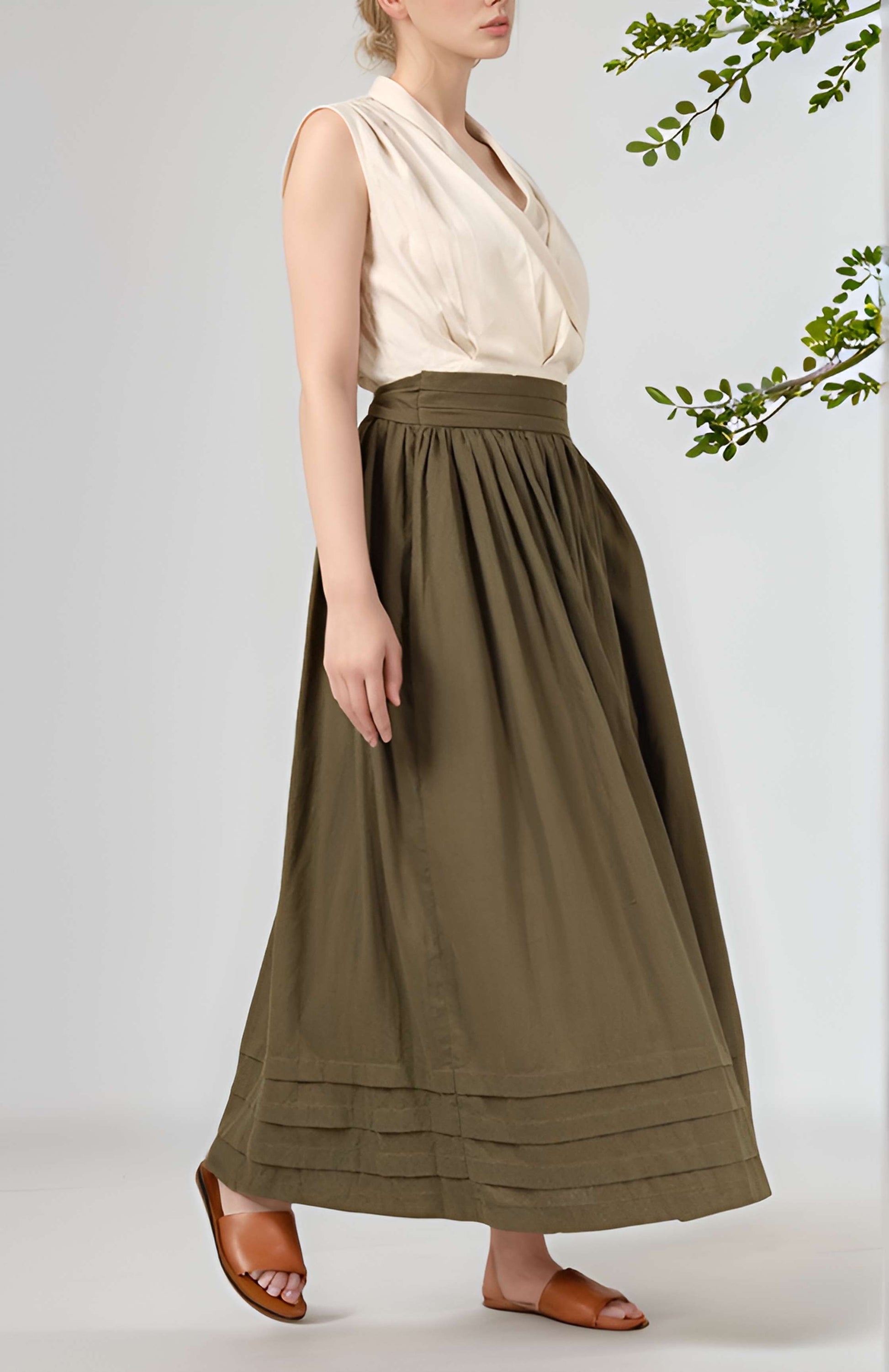 High Waist Linen Midi Skirt ANGERS Soft Flowy