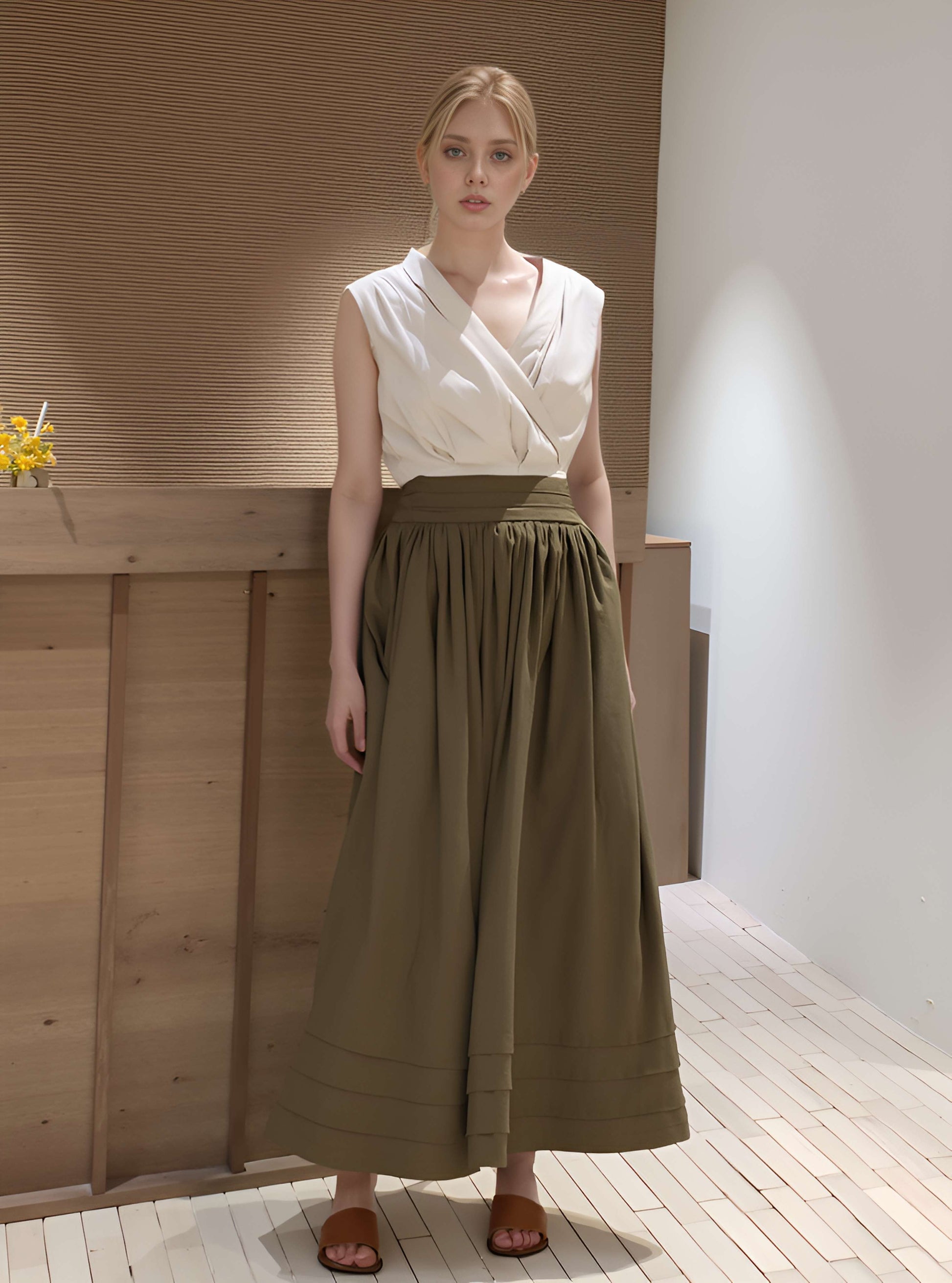 High Waist Linen Midi Skirt ANGERS Soft Flowy