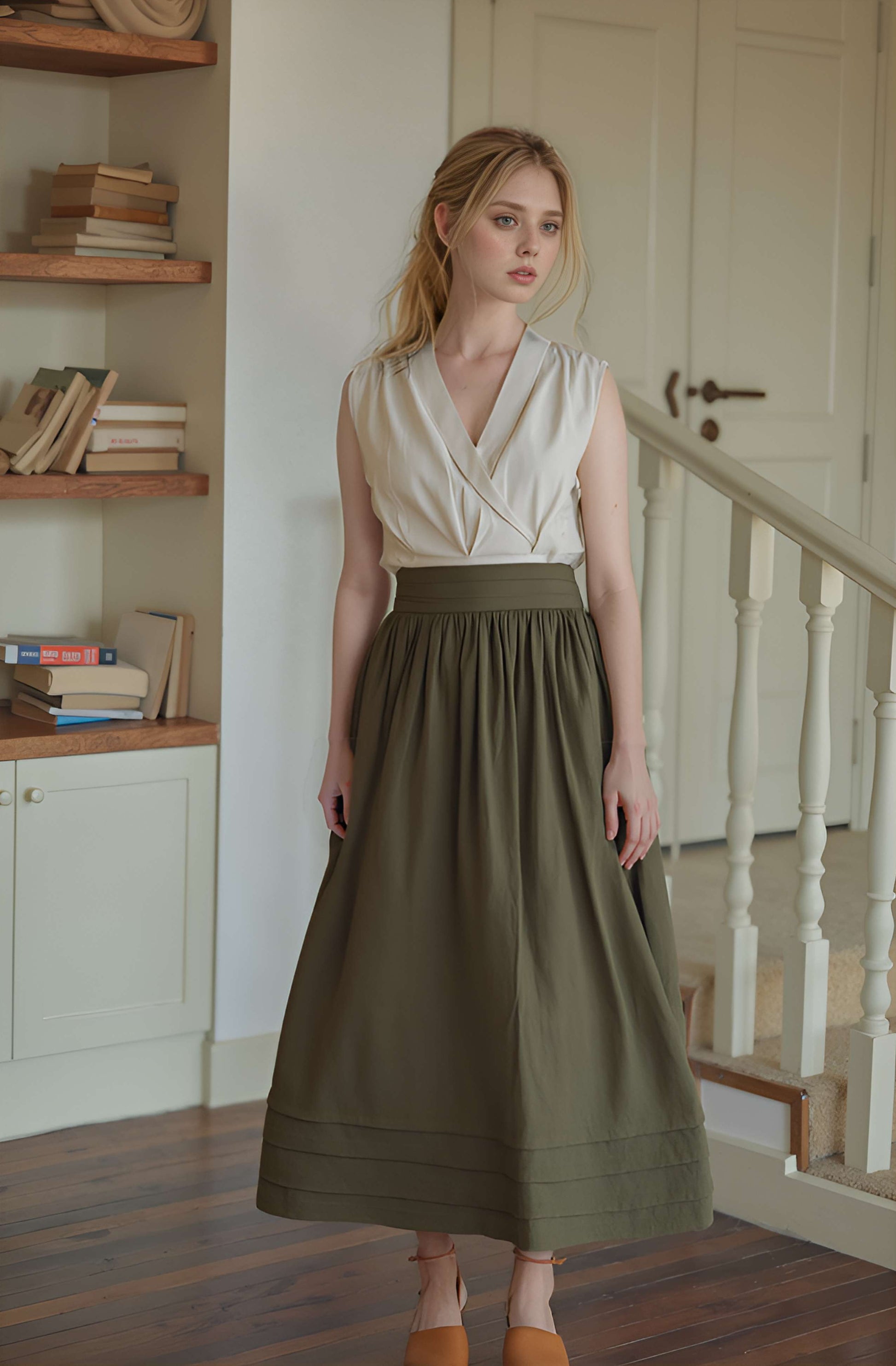 High Waist Linen Midi Skirt ANGERS Soft Flowy