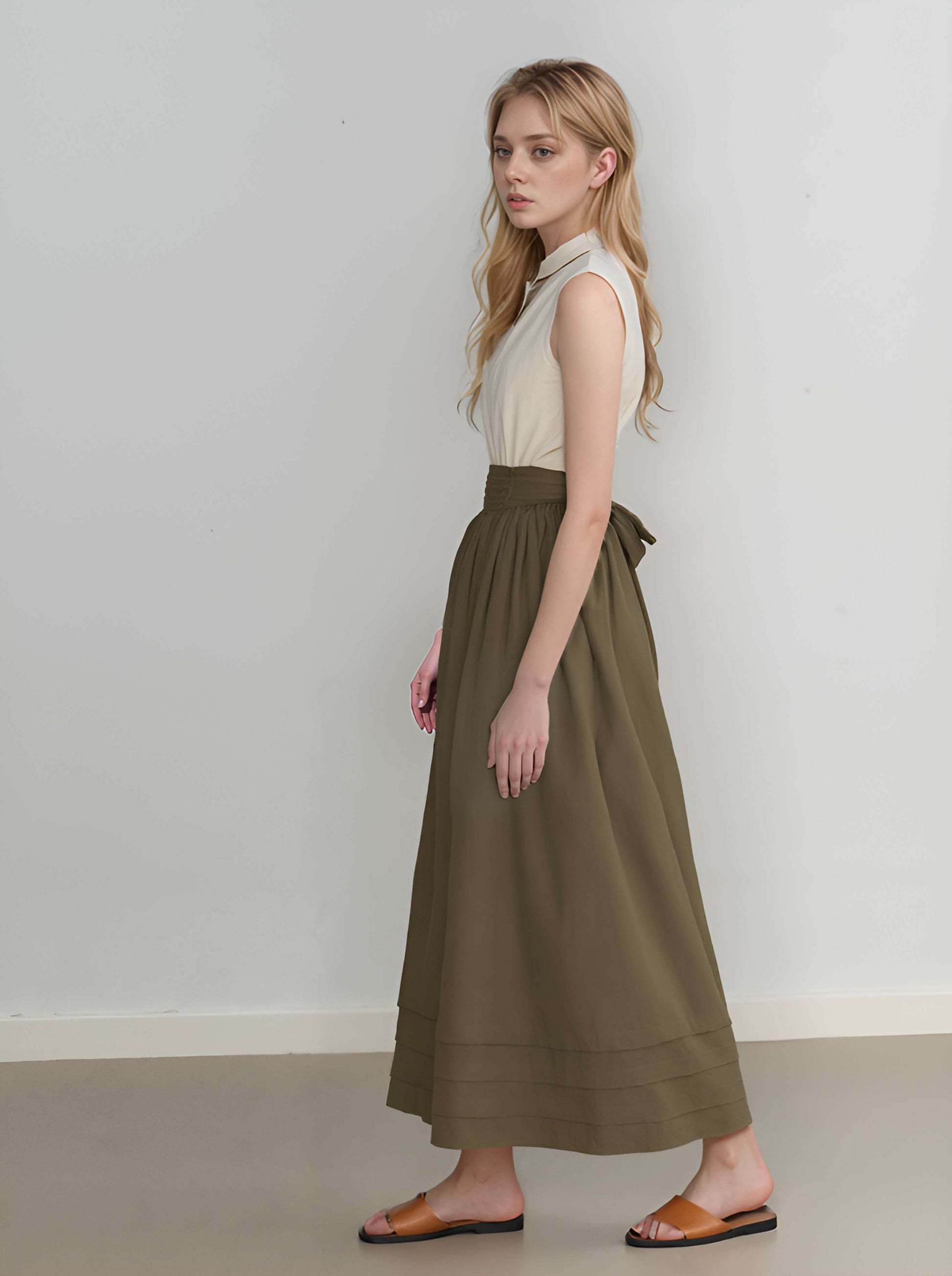 High Waist Linen Midi Skirt ANGERS Soft Flowy