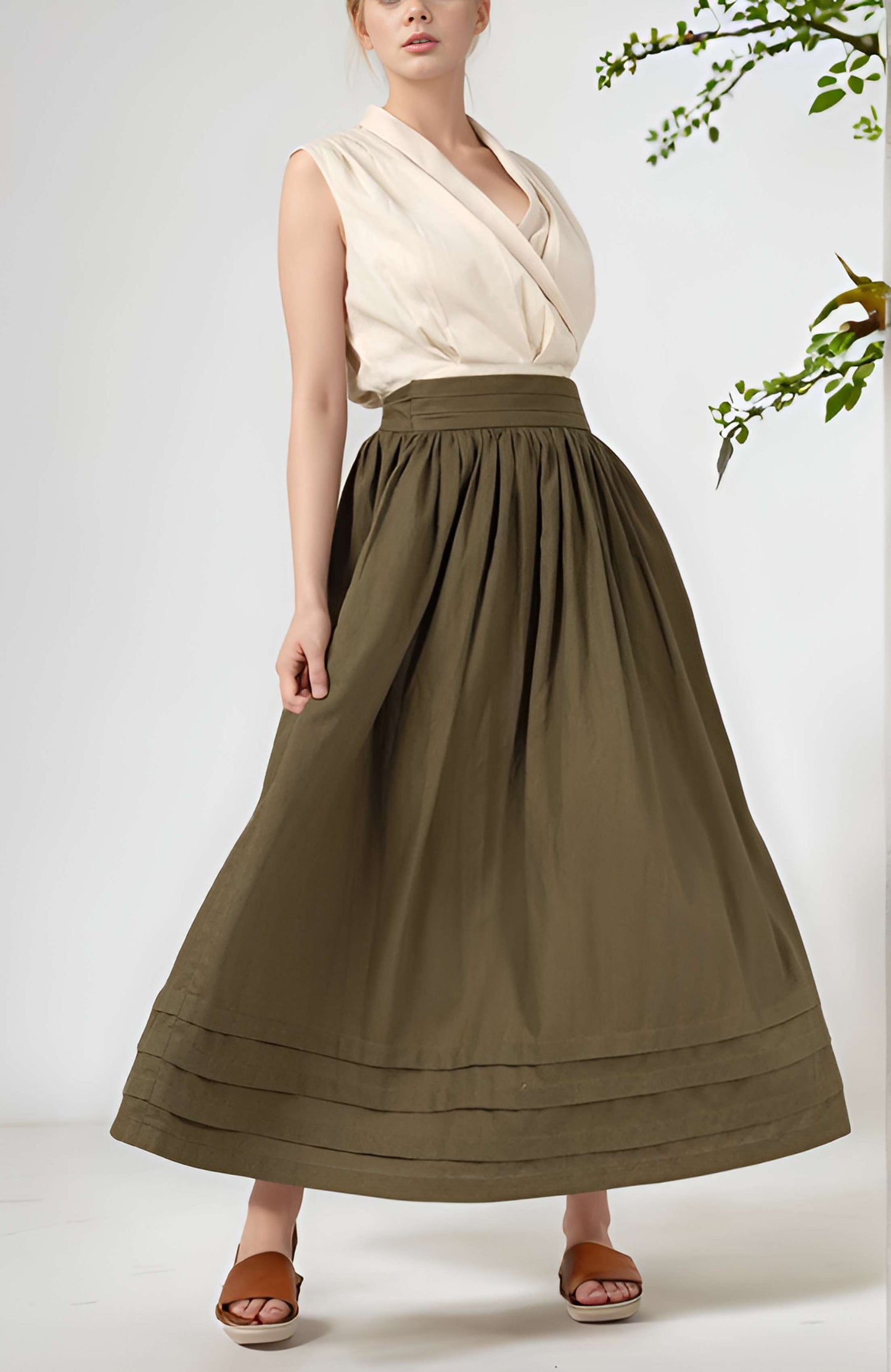 High Waist Linen Midi Skirt ANGERS Soft Flowy