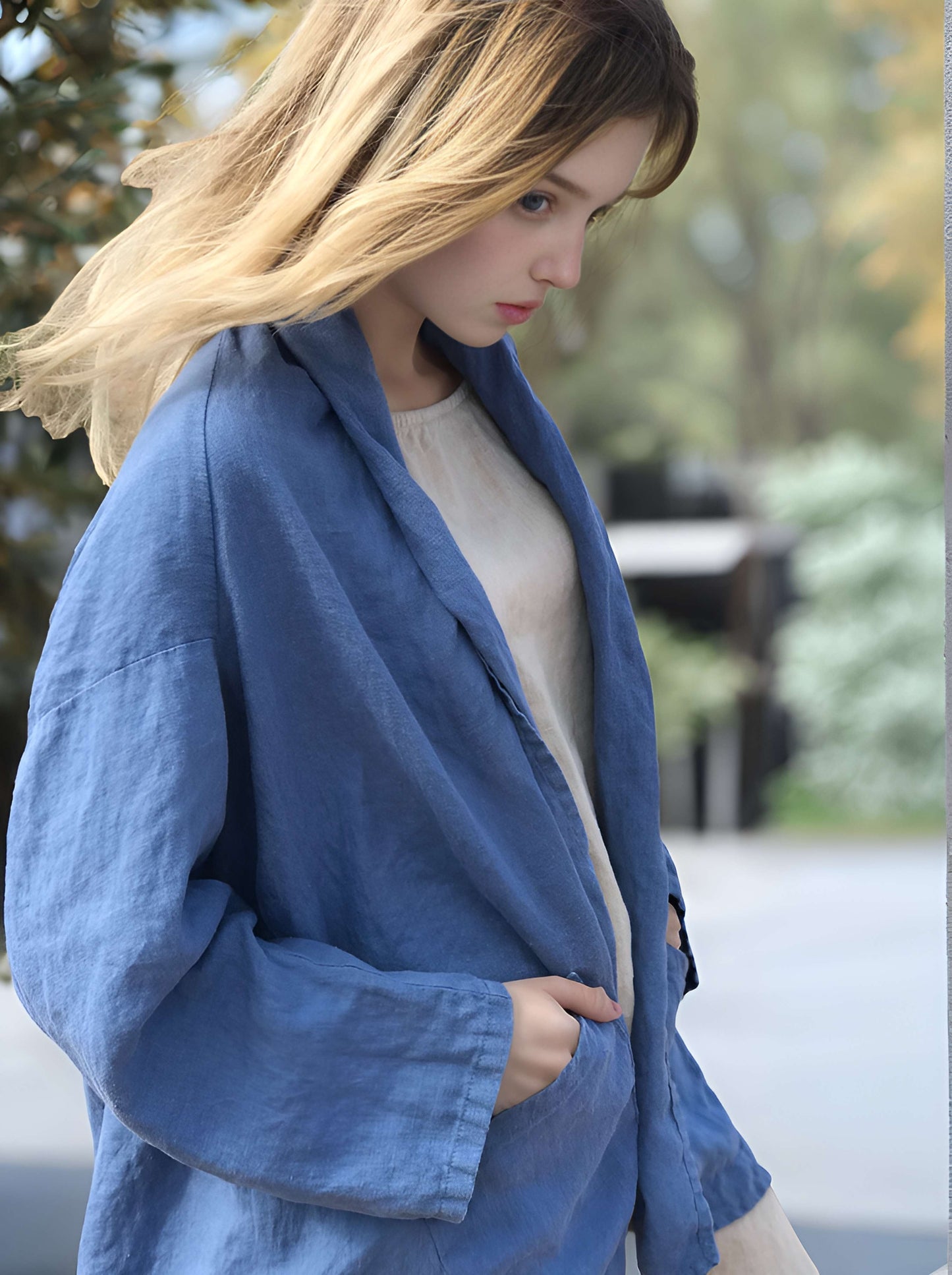 Linen Kimono Jacket TOULON with Pockets Long