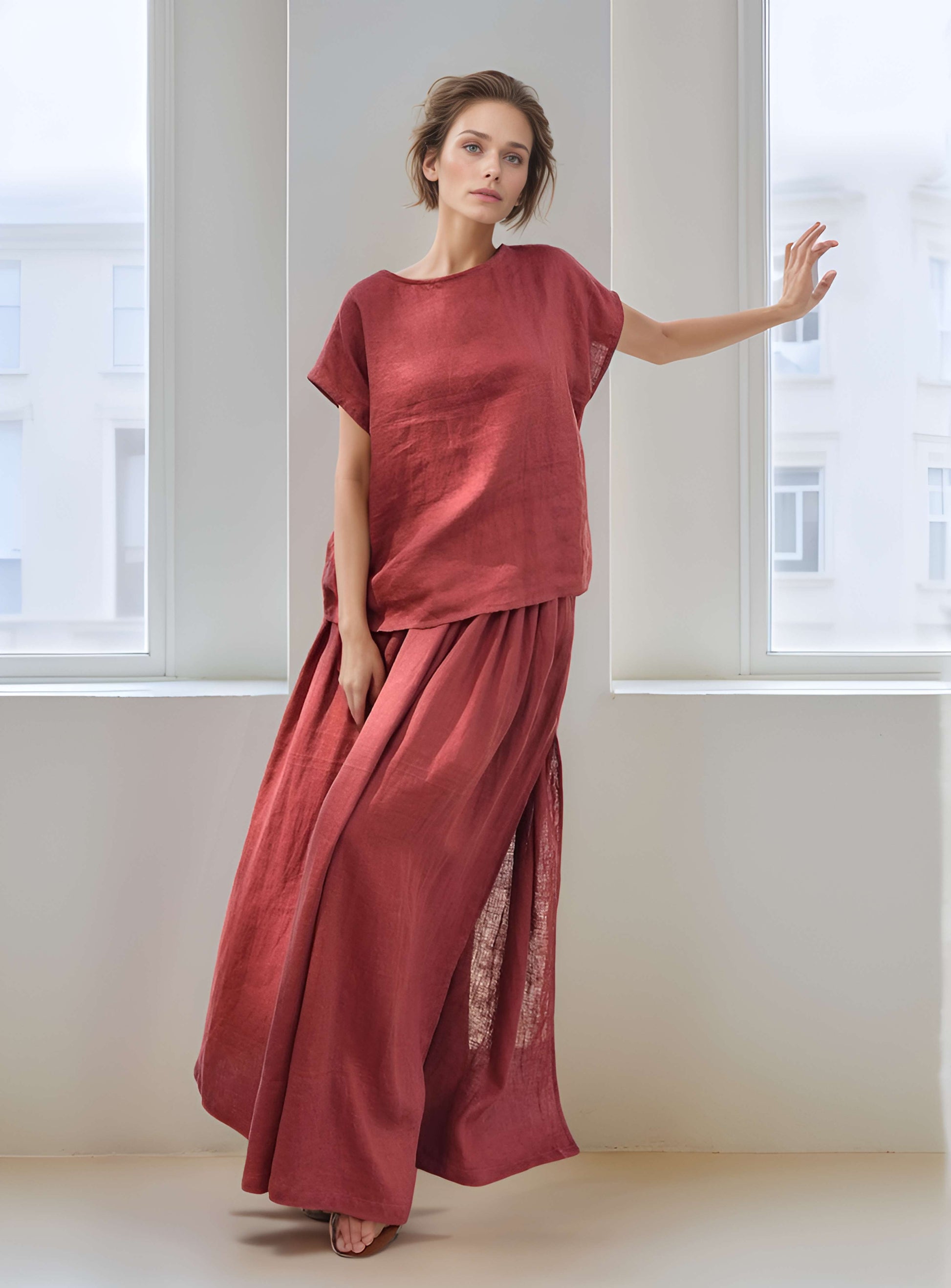 Linen Maxi Skirt DENALI Side Slit Gathered