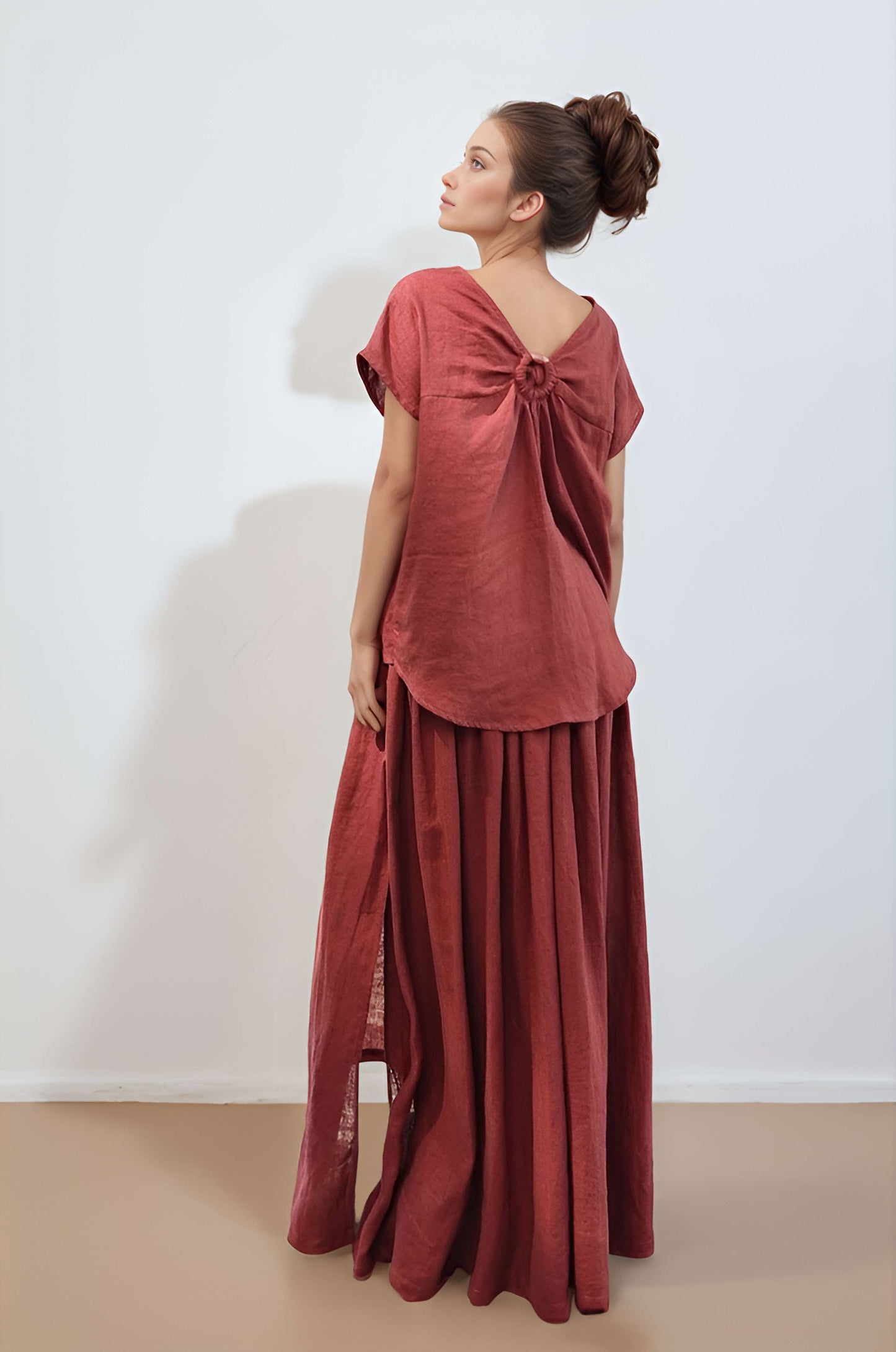 Linen Maxi Skirt DENALI Side Slit Gathered