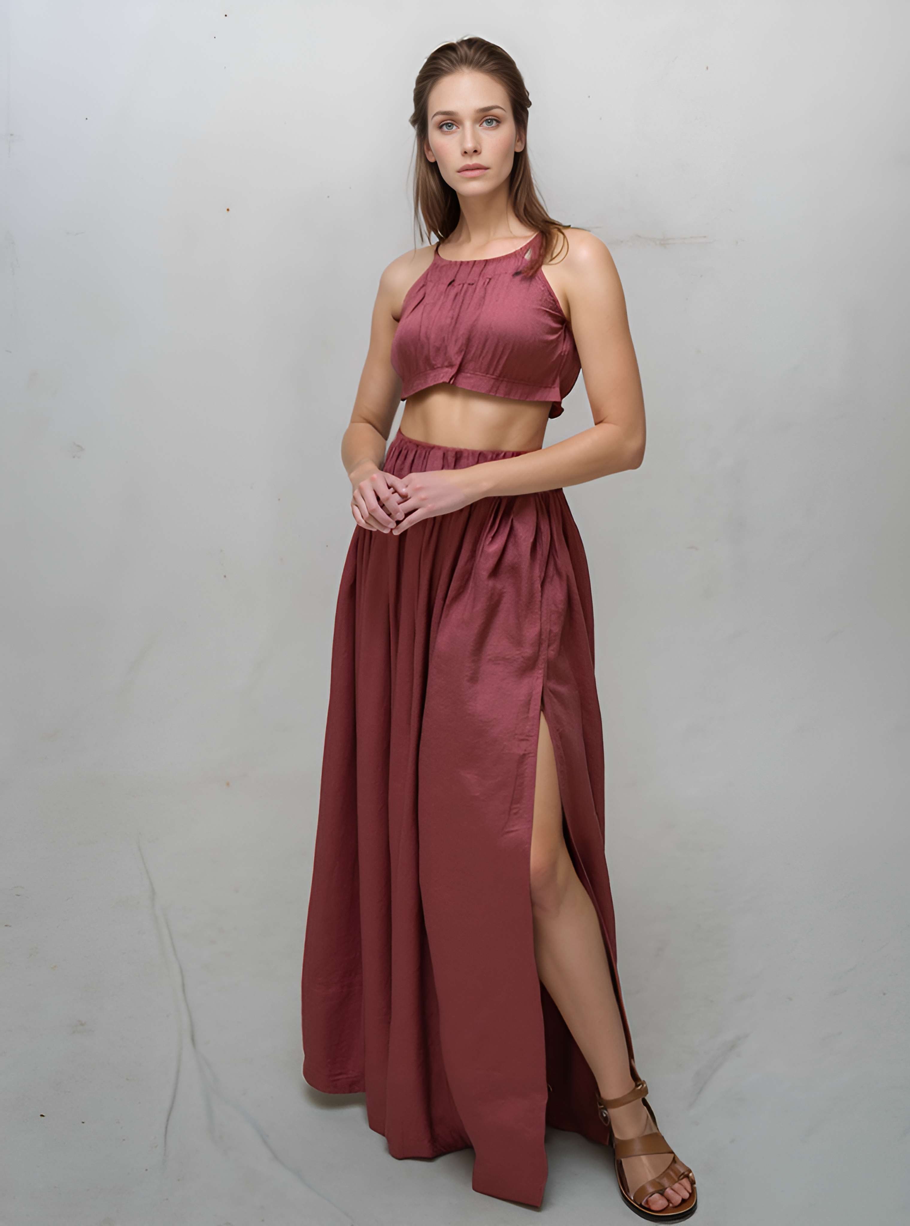 Linen Maxi Skirt DENALI Side Slit Gathered