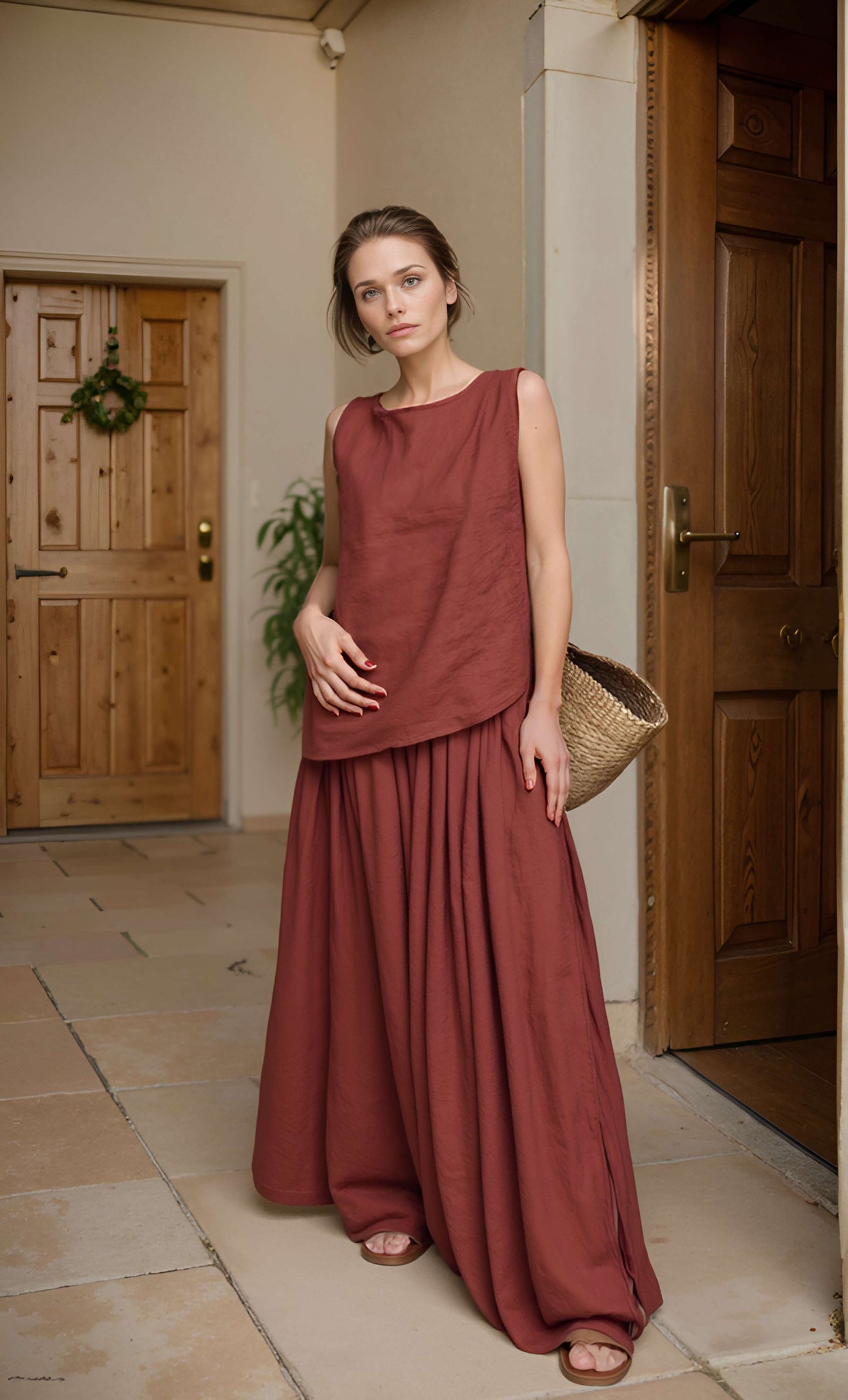 Linen Maxi Skirt DENALI Side Slit Gathered