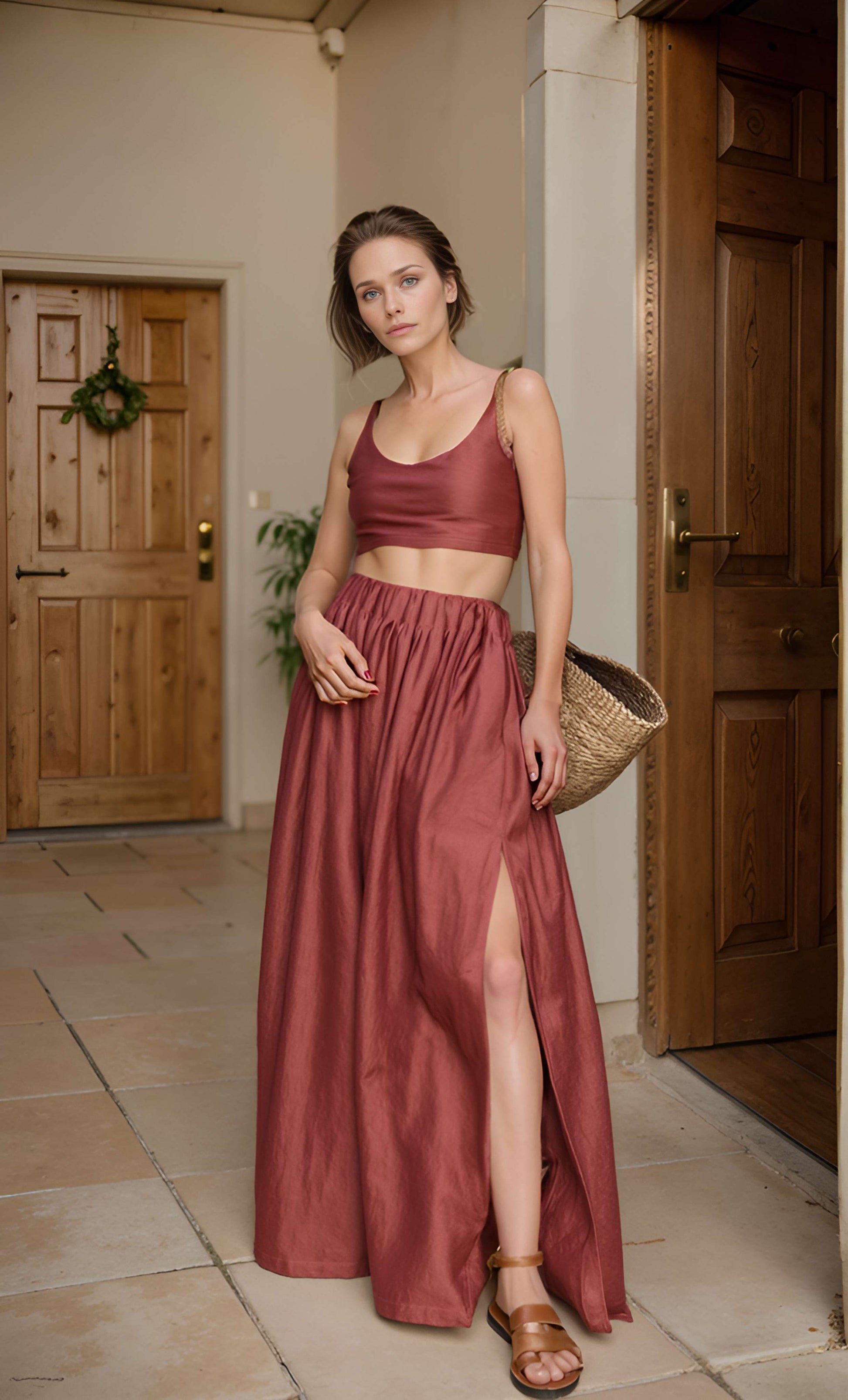 Linen Maxi Skirt DENALI Side Slit Gathered