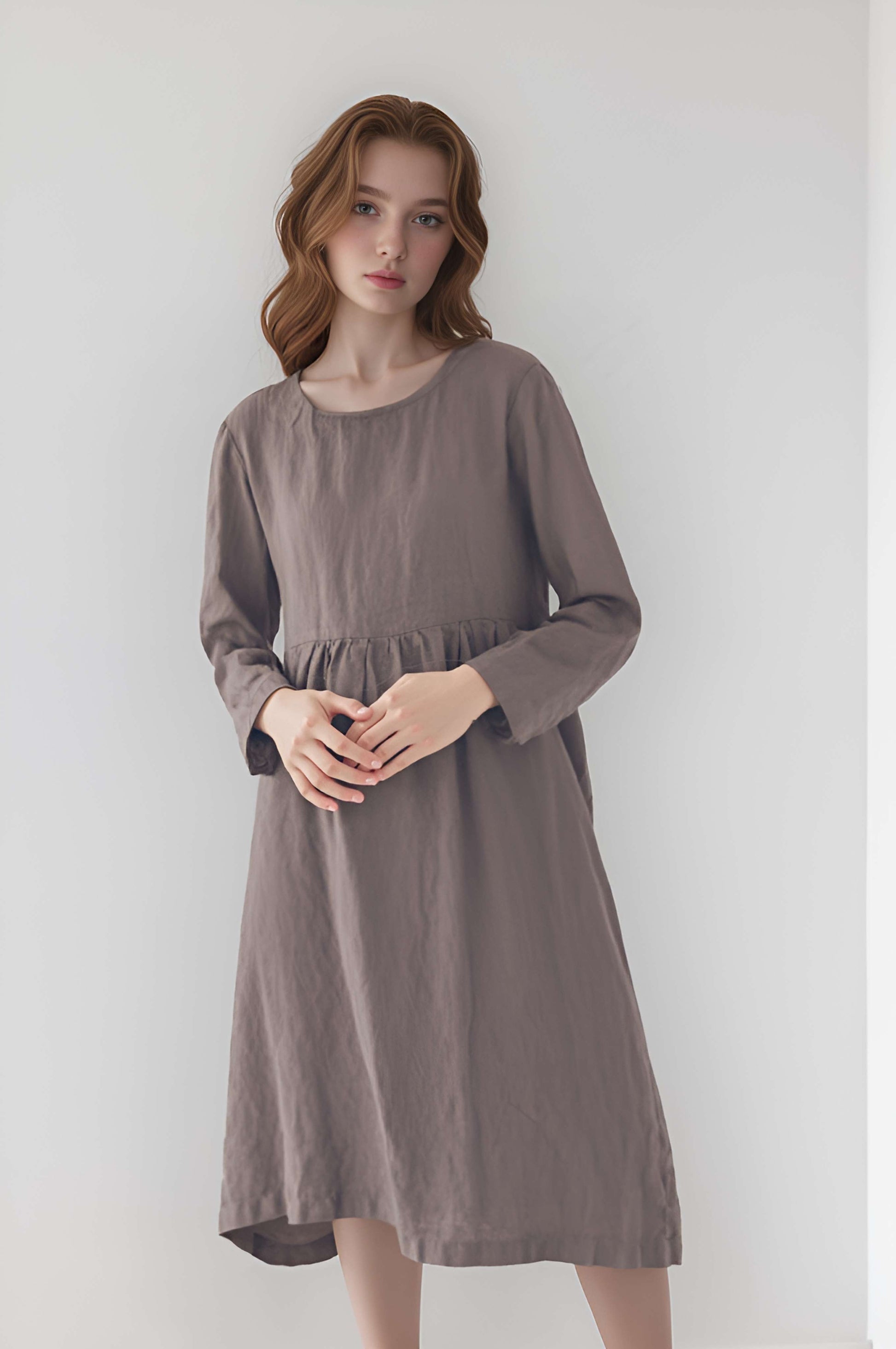 Long Sleeve Swing Linen Dress ALBI Flowy Maxi