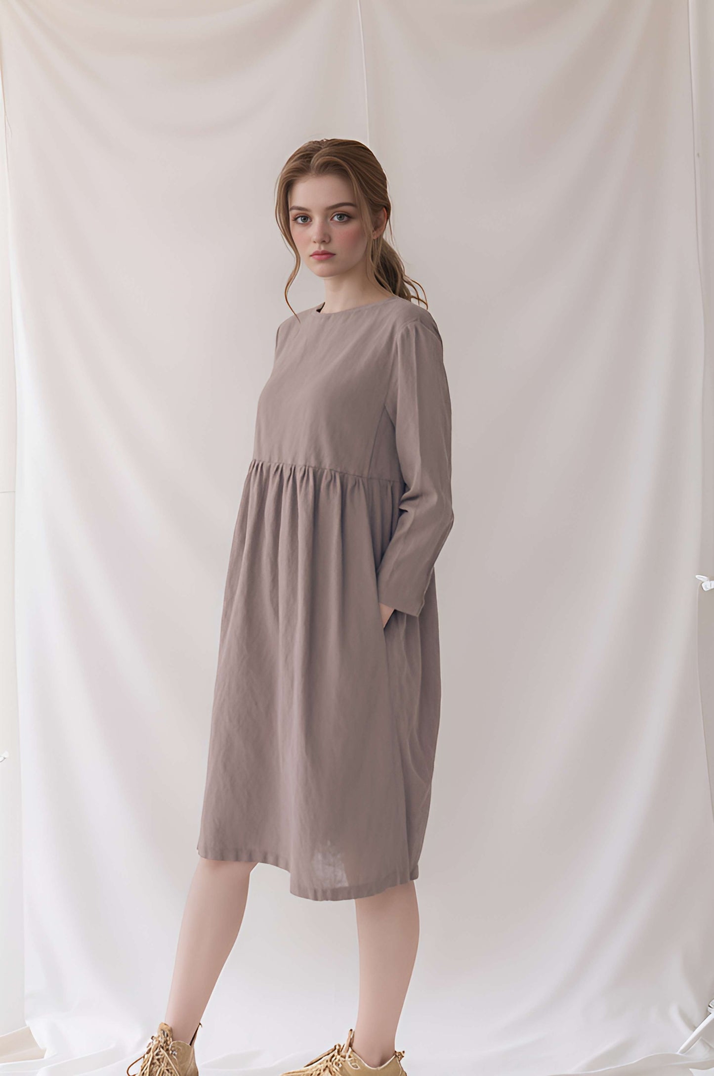 Long Sleeve Swing Linen Dress ALBI Flowy Maxi