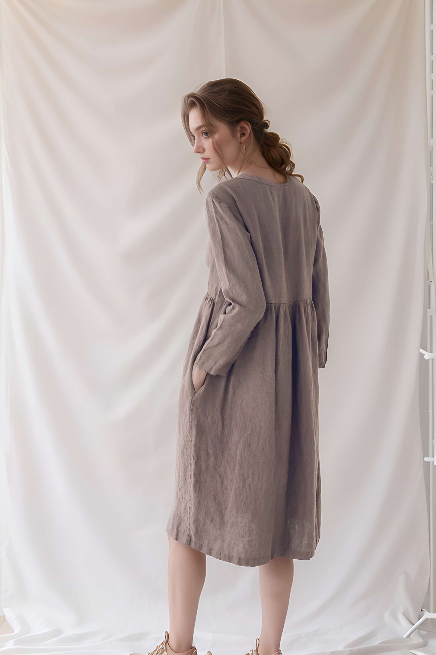 Long Sleeve Swing Linen Dress ALBI Flowy Maxi