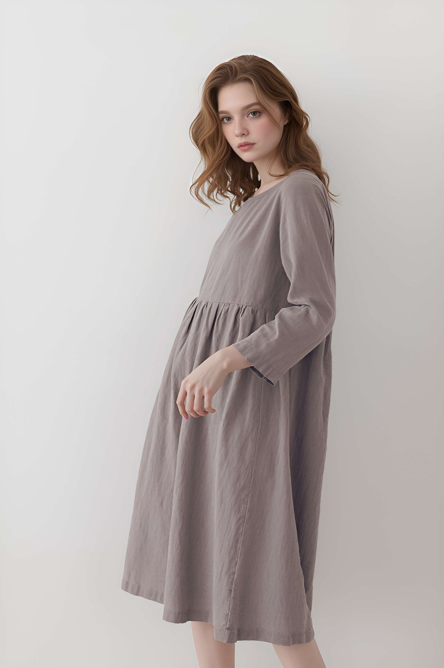 Long Sleeve Swing Linen Dress ALBI Flowy Maxi