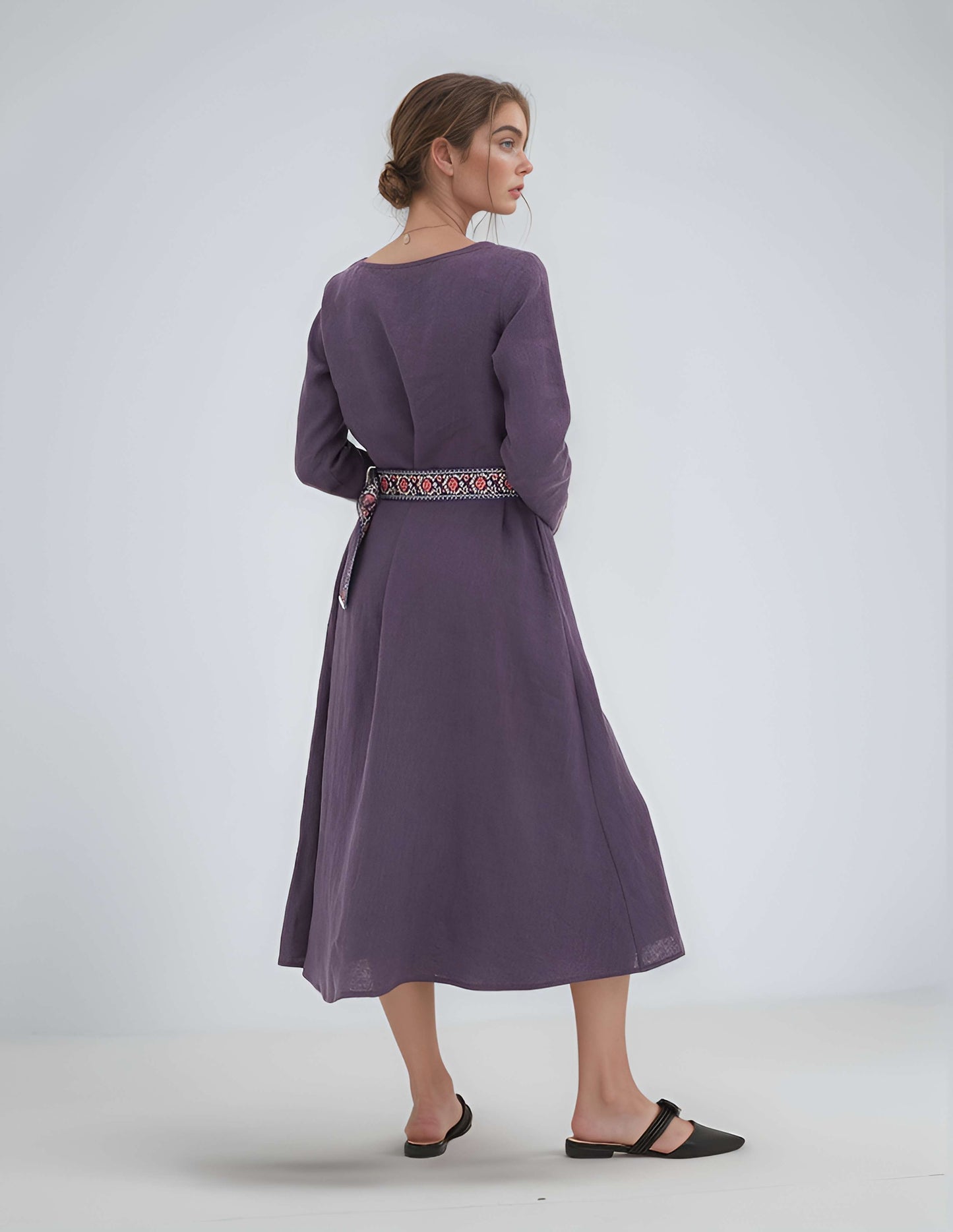 Long Linen Dress LYON Belted Pockets Sleeves