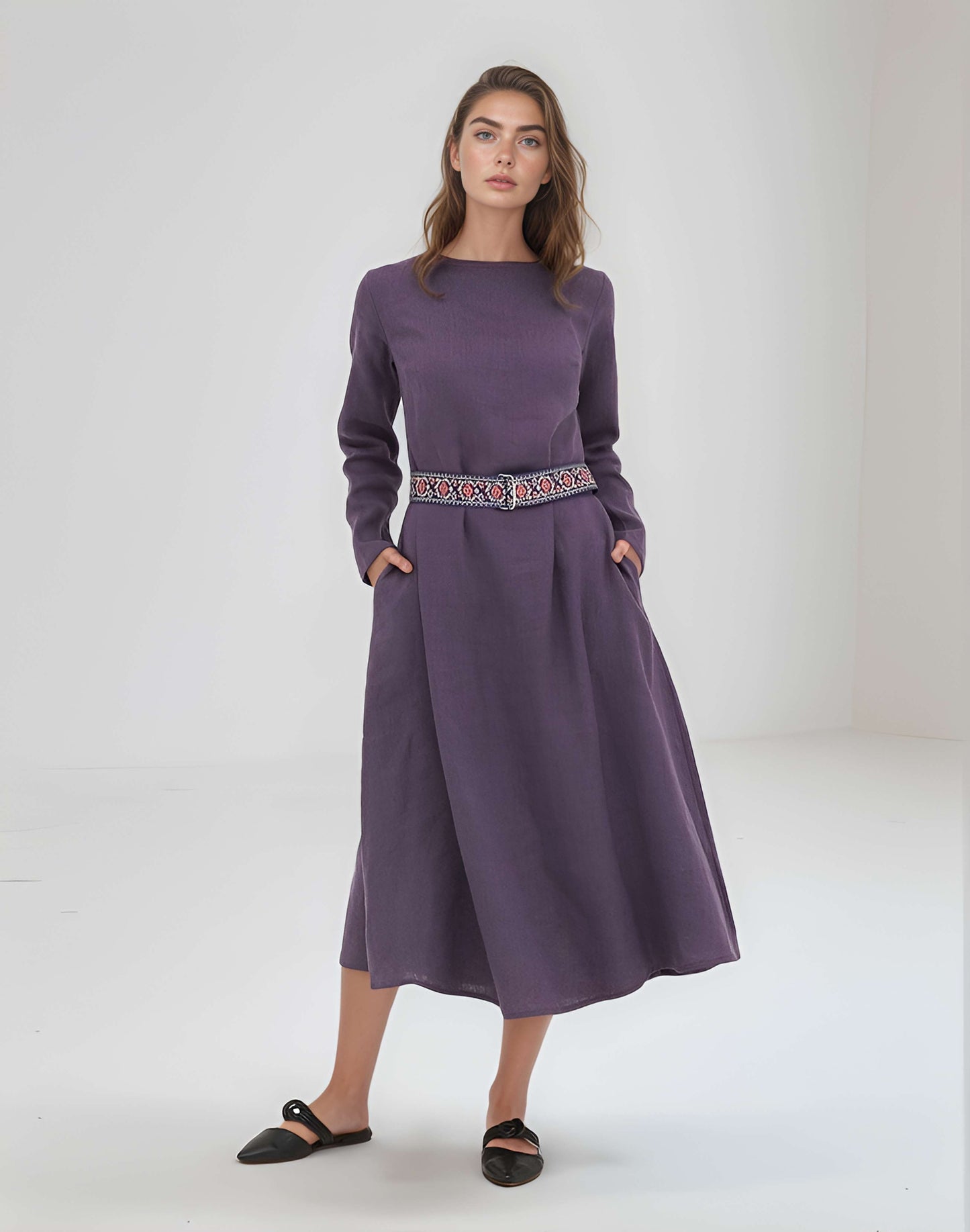 Long Linen Dress LYON Belted Pockets Sleeves