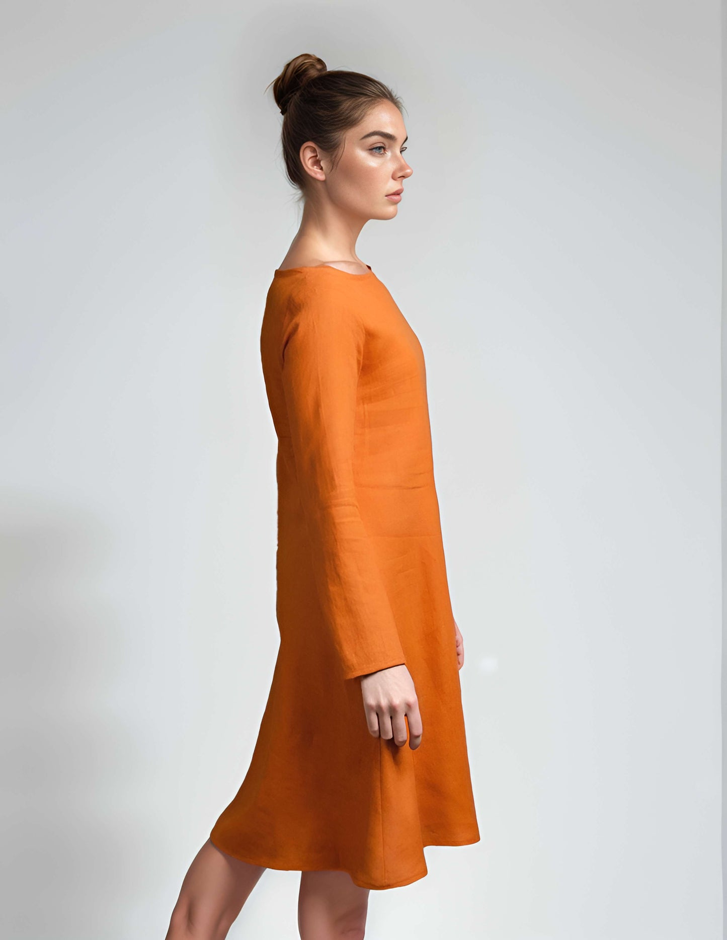 Long Sleeve Linen Dress LILLE Wide Trapeze Pockets