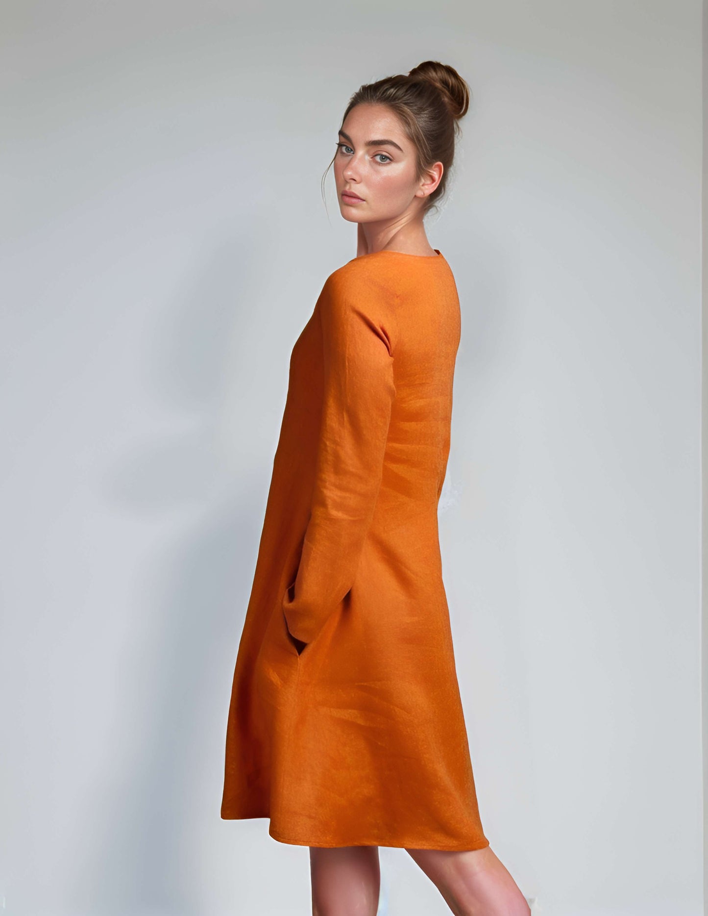 Long Sleeve Linen Dress LILLE Wide Trapeze Pockets