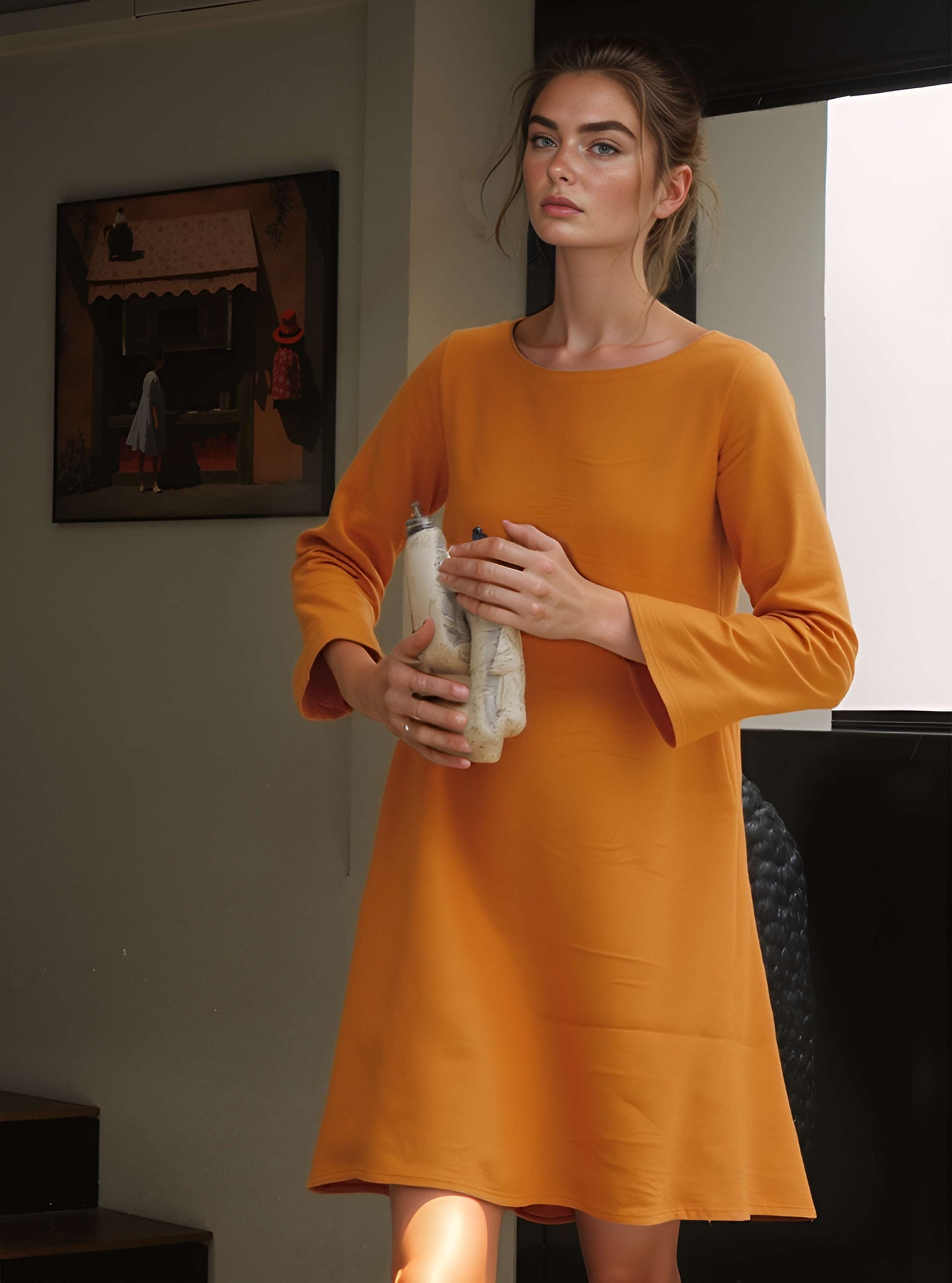 Long Sleeve Linen Dress LILLE Wide Trapeze Pockets