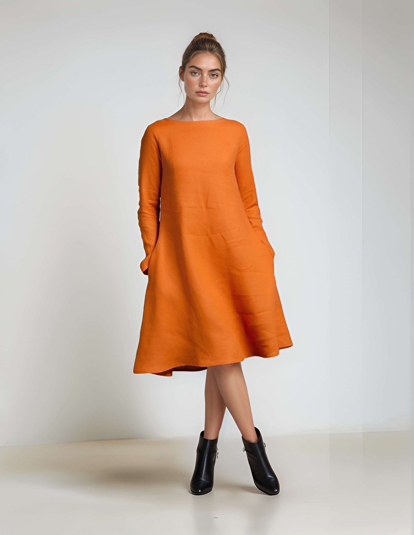 Long Sleeve Linen Dress LILLE Wide Trapeze Pockets
