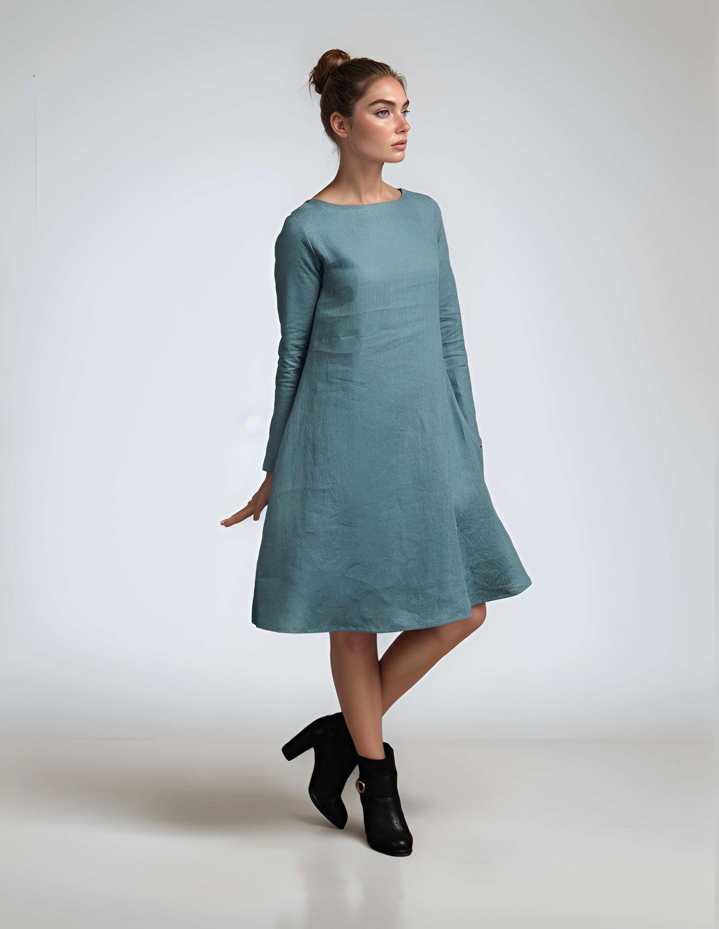 Long Sleeve Linen Dress METZ Loose Oversized Pockets