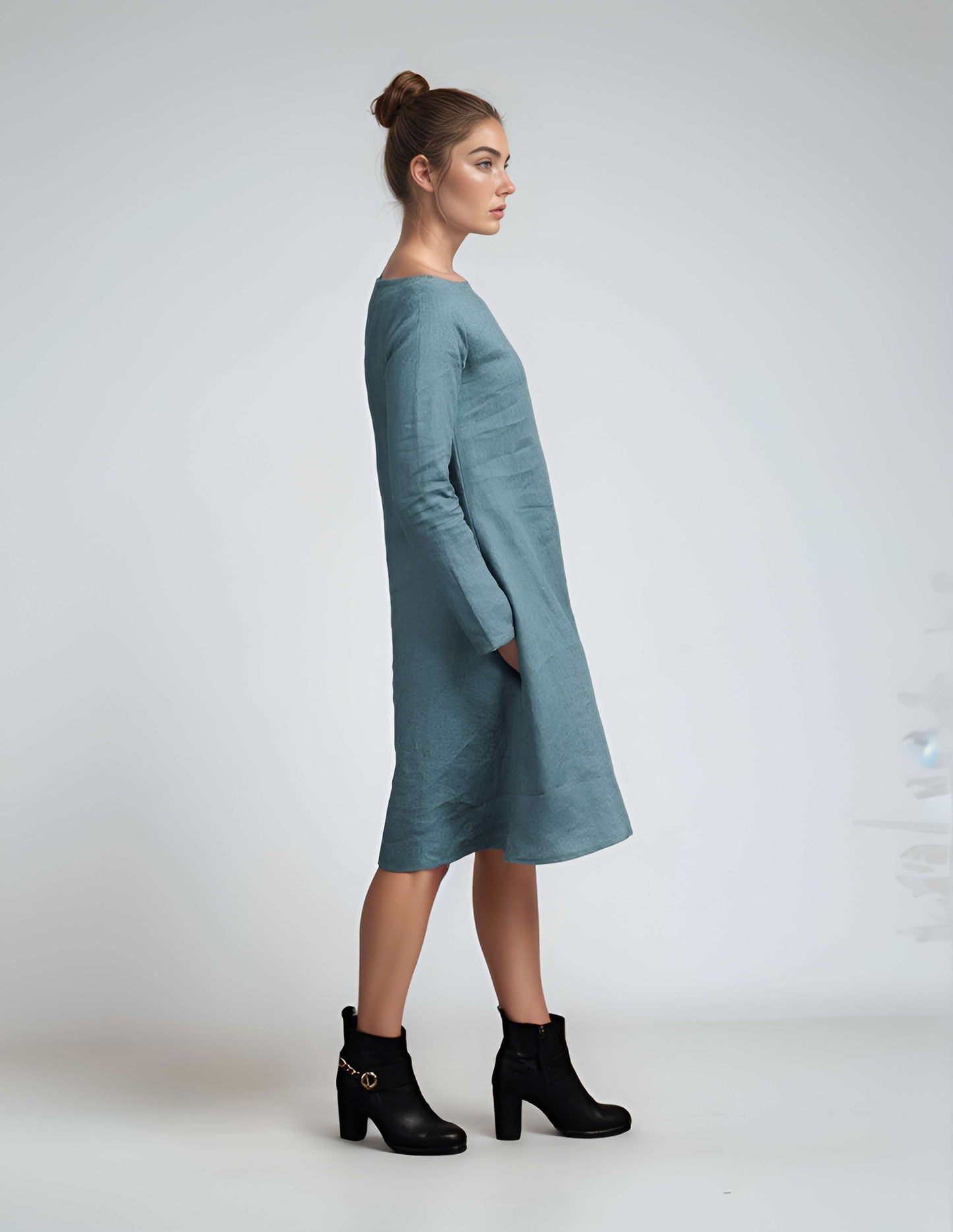 Long Sleeve Linen Dress METZ Loose Oversized Pockets