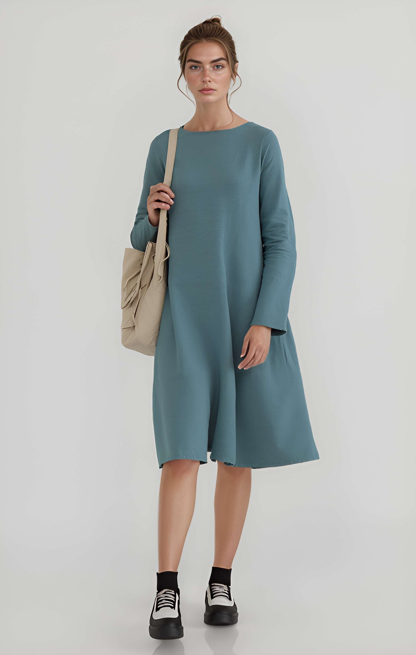 Long Sleeve Linen Dress METZ Loose Oversized Pockets