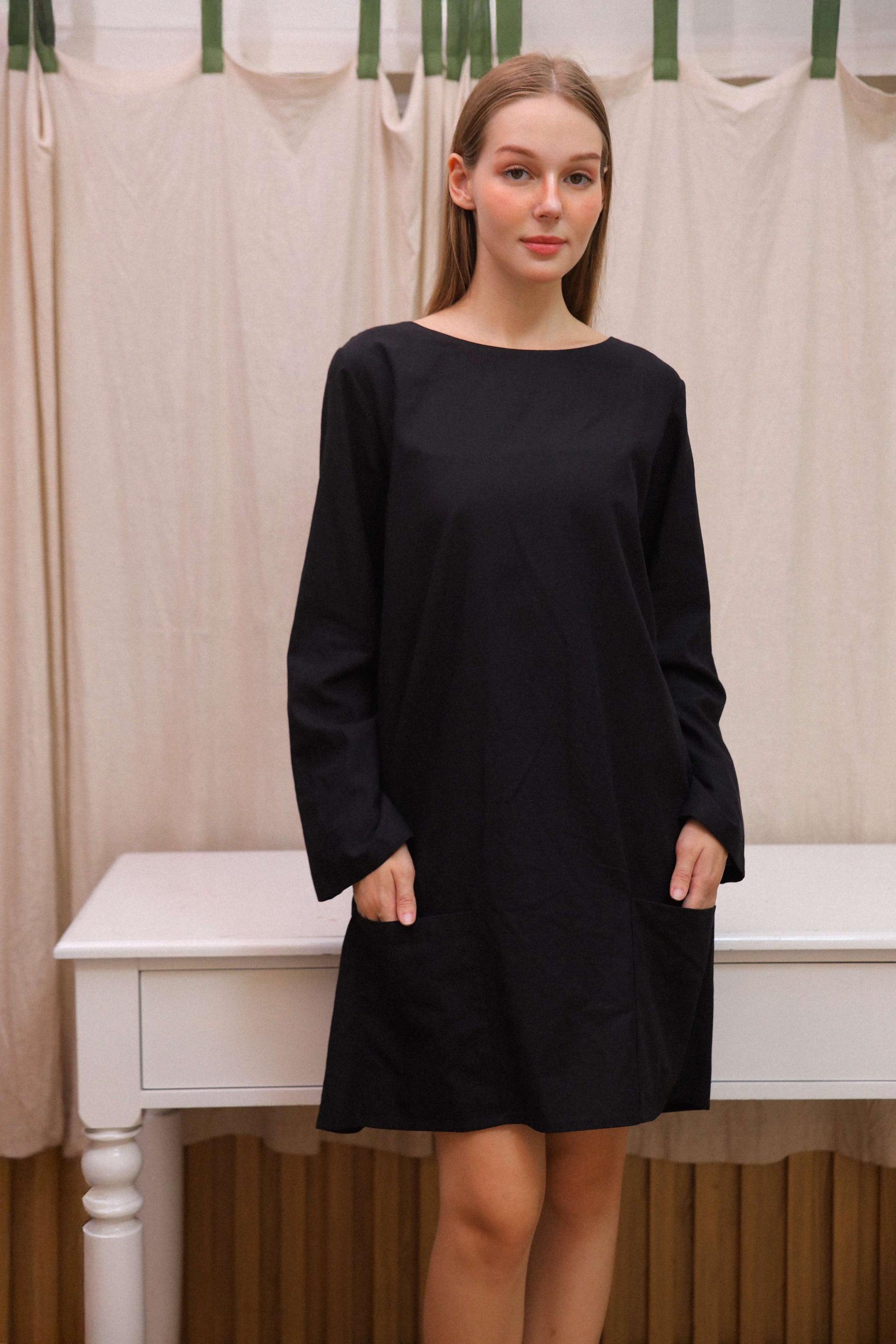 Long Sleeve Linen Shift Dress NIMES in Pink Pockets