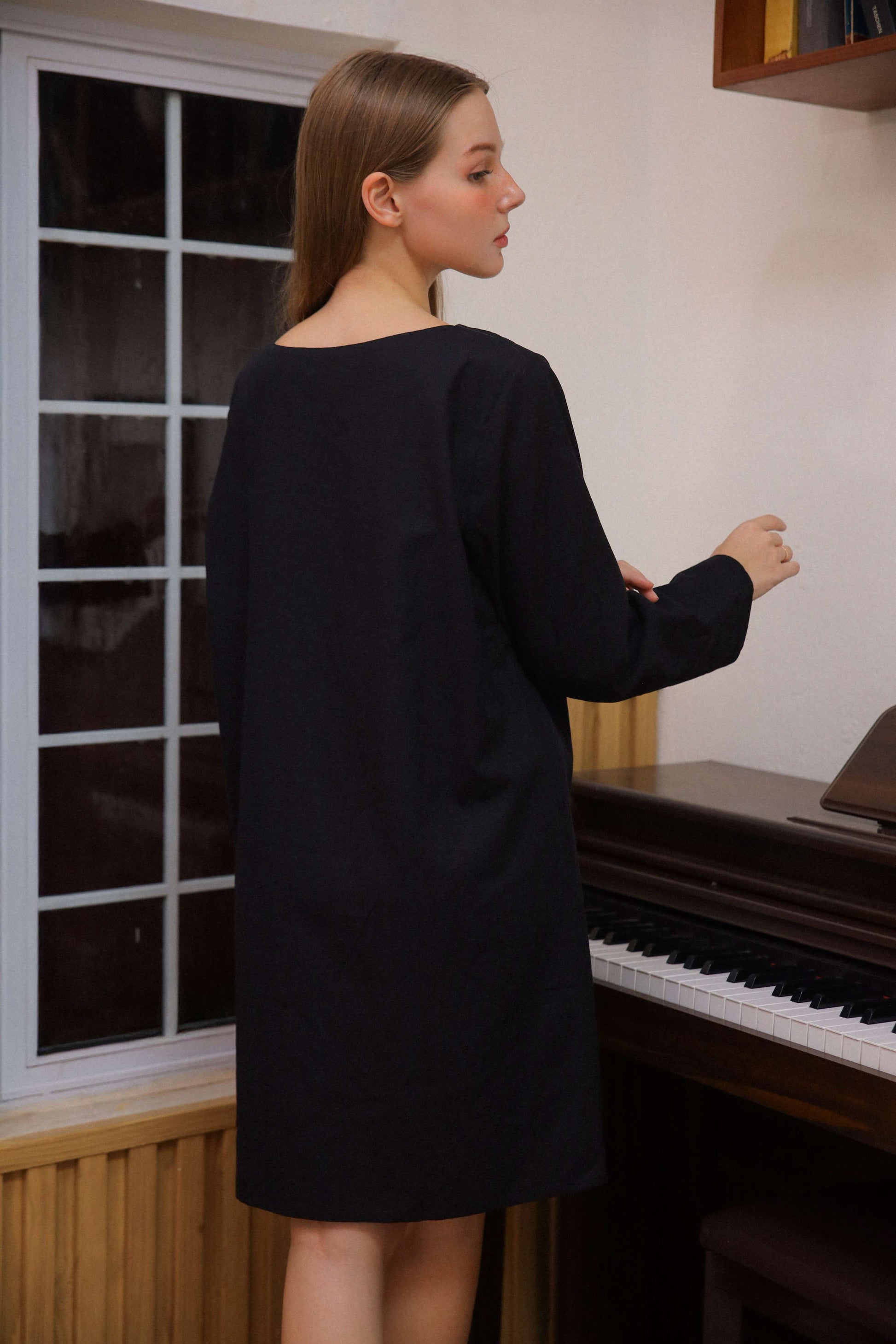 Long Sleeve Linen Shift Dress NIMES in Pink Pockets