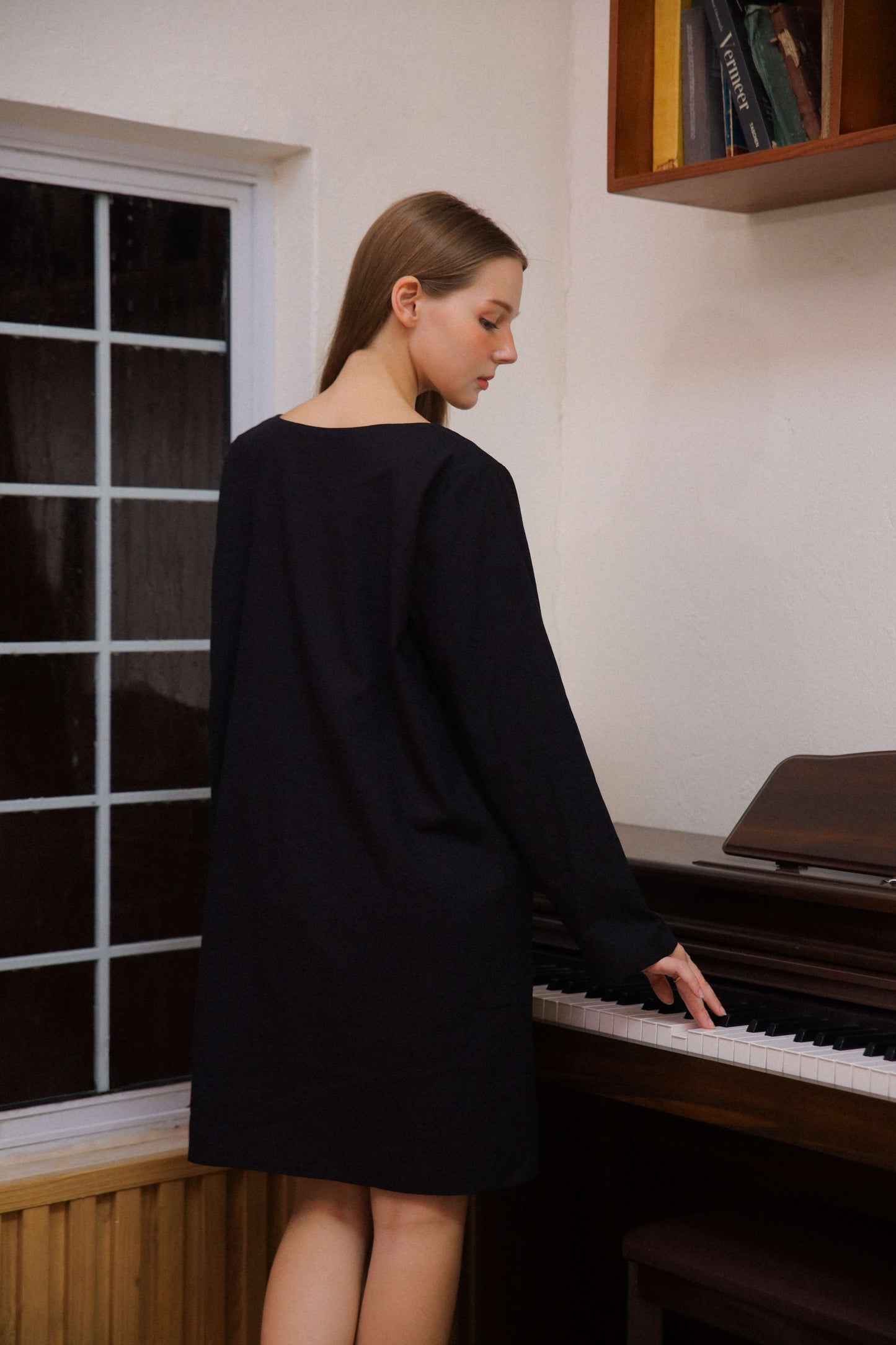 Long Sleeve Linen Shift Dress NIMES in Pink Pockets