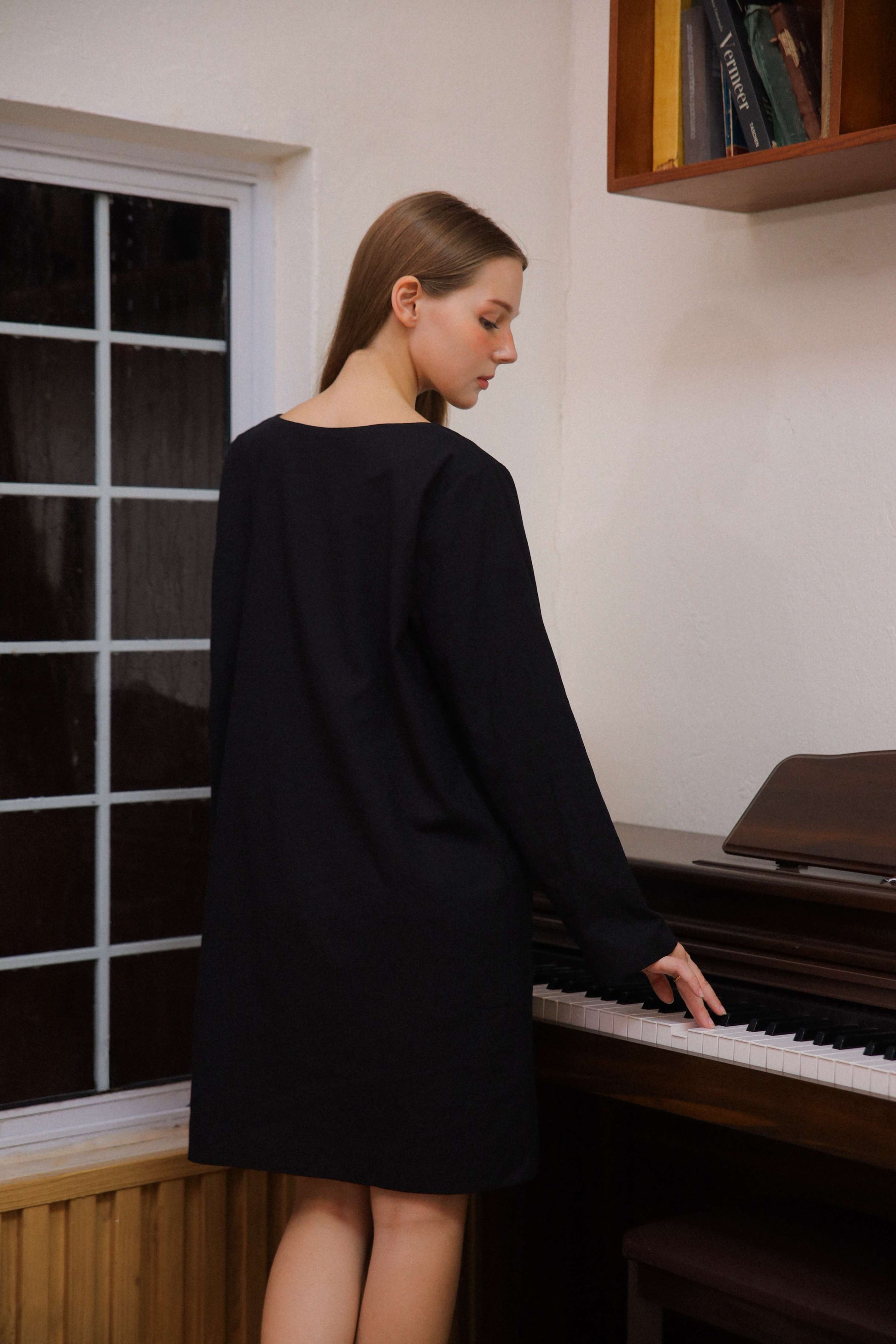 Long Sleeve Linen Shift Dress NIMES in Pink Pockets