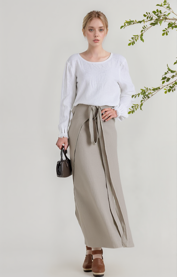 Long Wrap Linen Maxi Skirt ROUEN High Waist Flowy