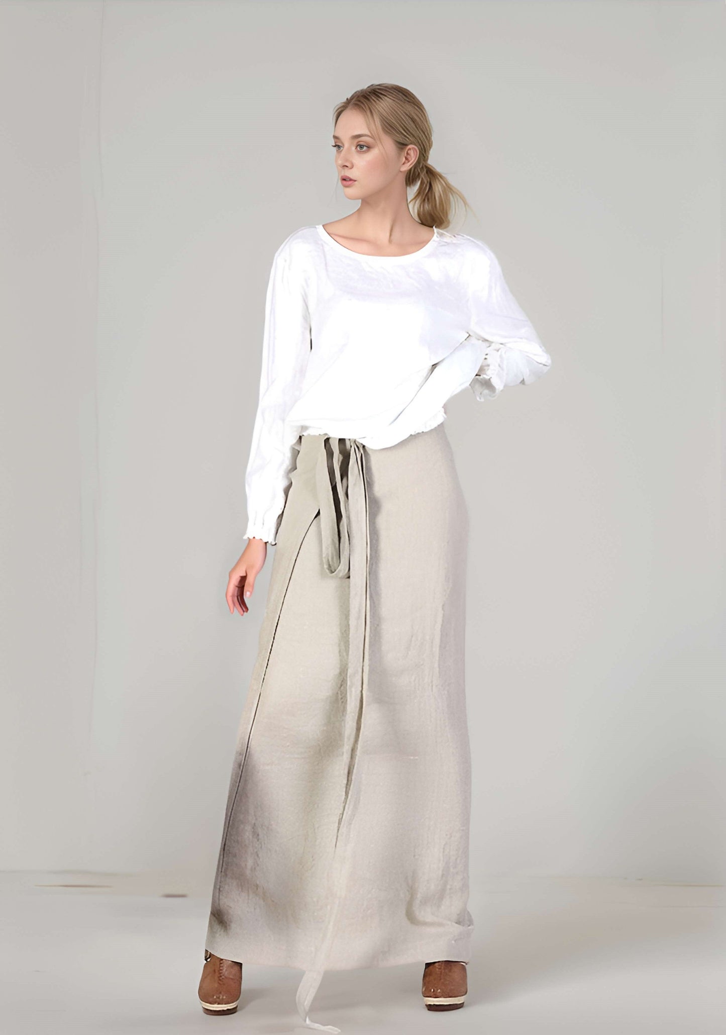 Long Wrap Linen Maxi Skirt ROUEN High Waist Flowy