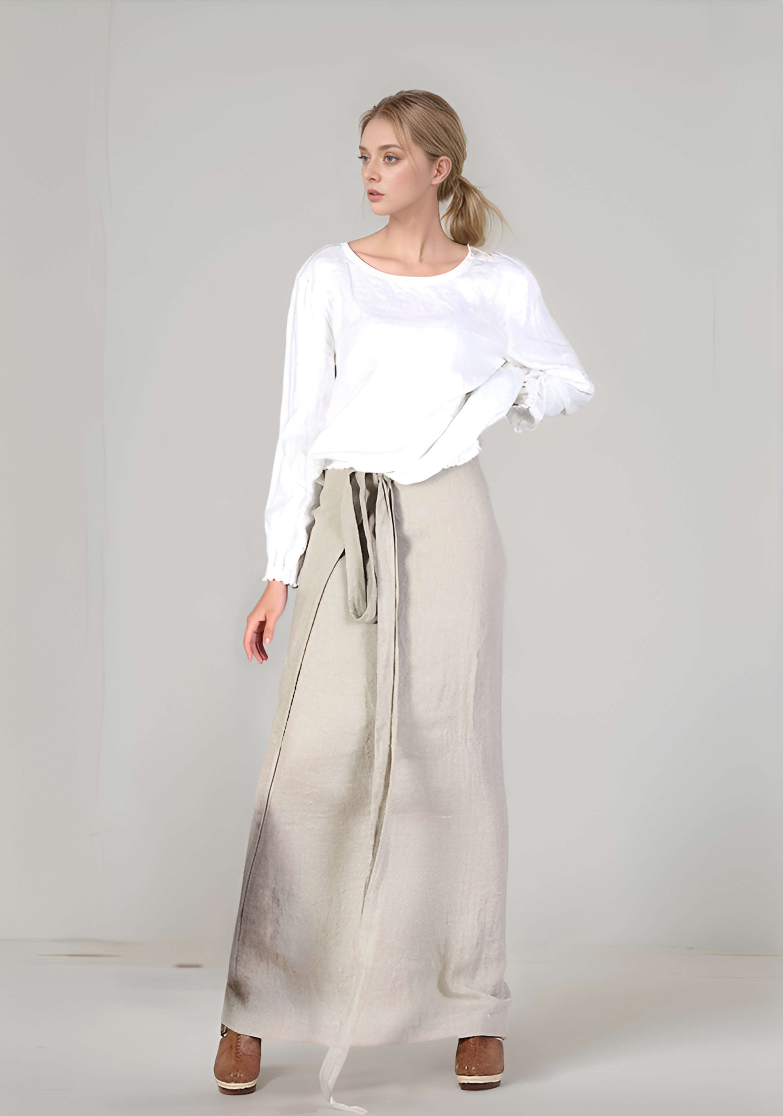 Long Wrap Linen Maxi Skirt ROUEN High Waist Flowy