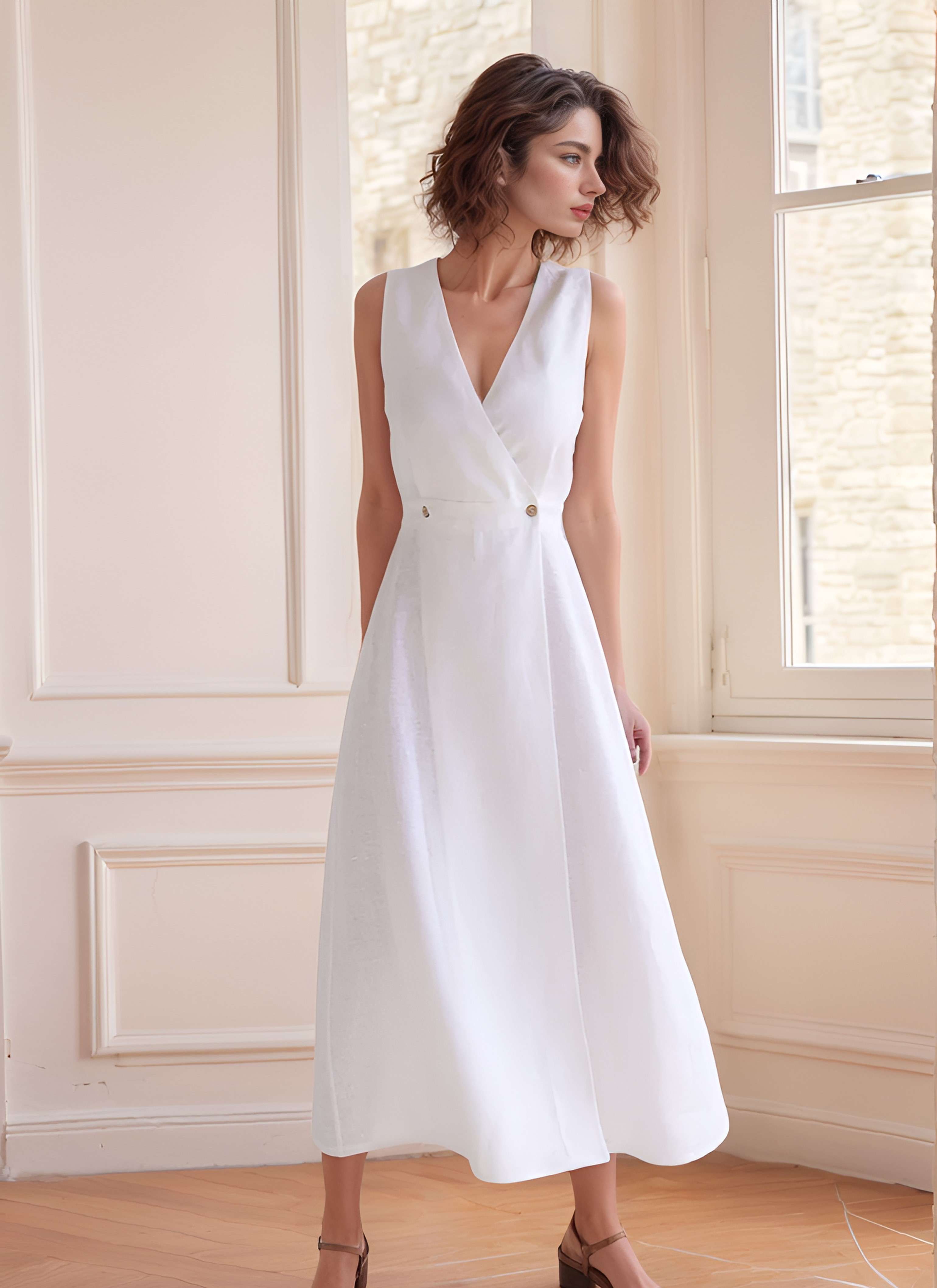 Maxi Wrap Linen Dress ALBI in White Sleeveless