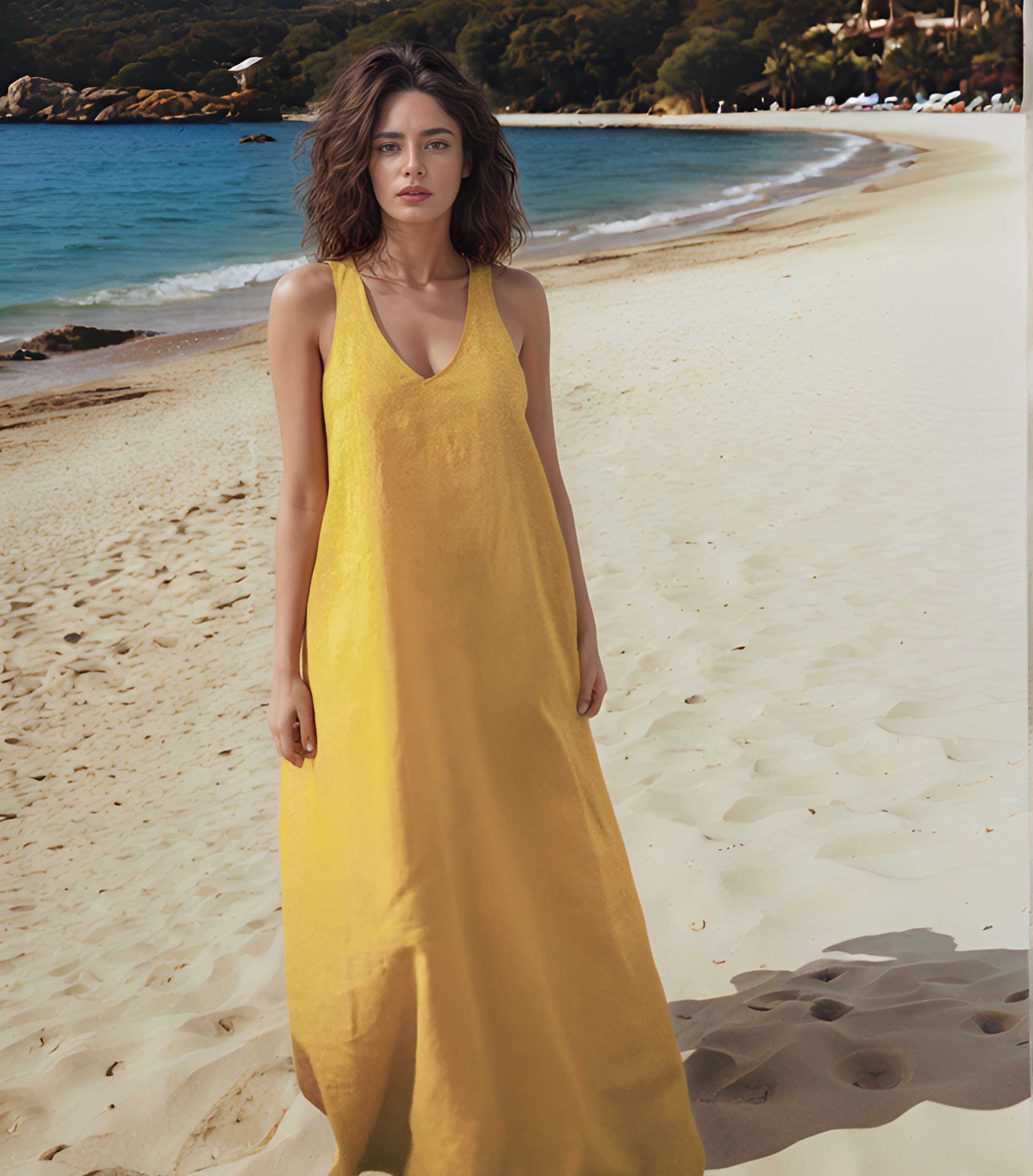 Mustard Pocket Linen Maxi Dress PORTO for Plus Size