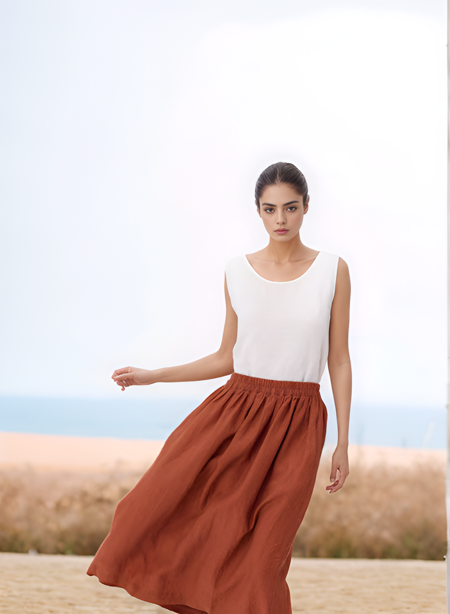 Pleated Linen Midi Skirt ANNECY with Pockets